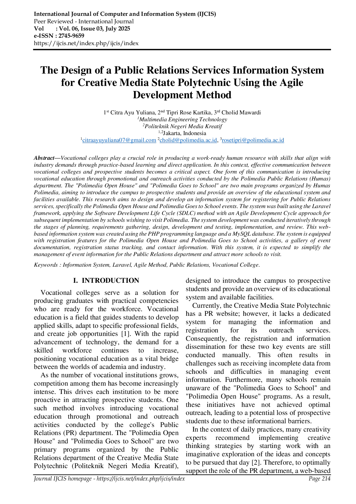 JURIS The Design of a Public Relations Services Information System for Creative Media State Polytechnic Using the Agile Development Method