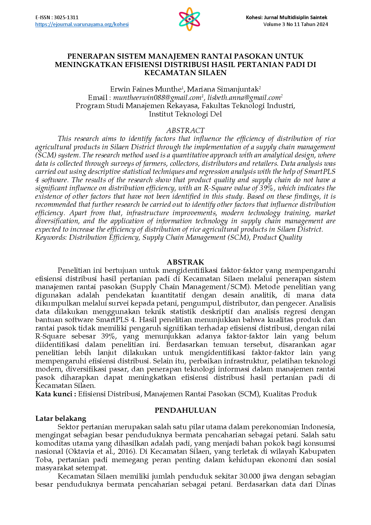 juris Penerapan Sistem Manajemen Rantai Pasokan untuk Meningkatkan Efisiensi Distribusi Hasil Pertanian Padi di Kecamatan Silaen