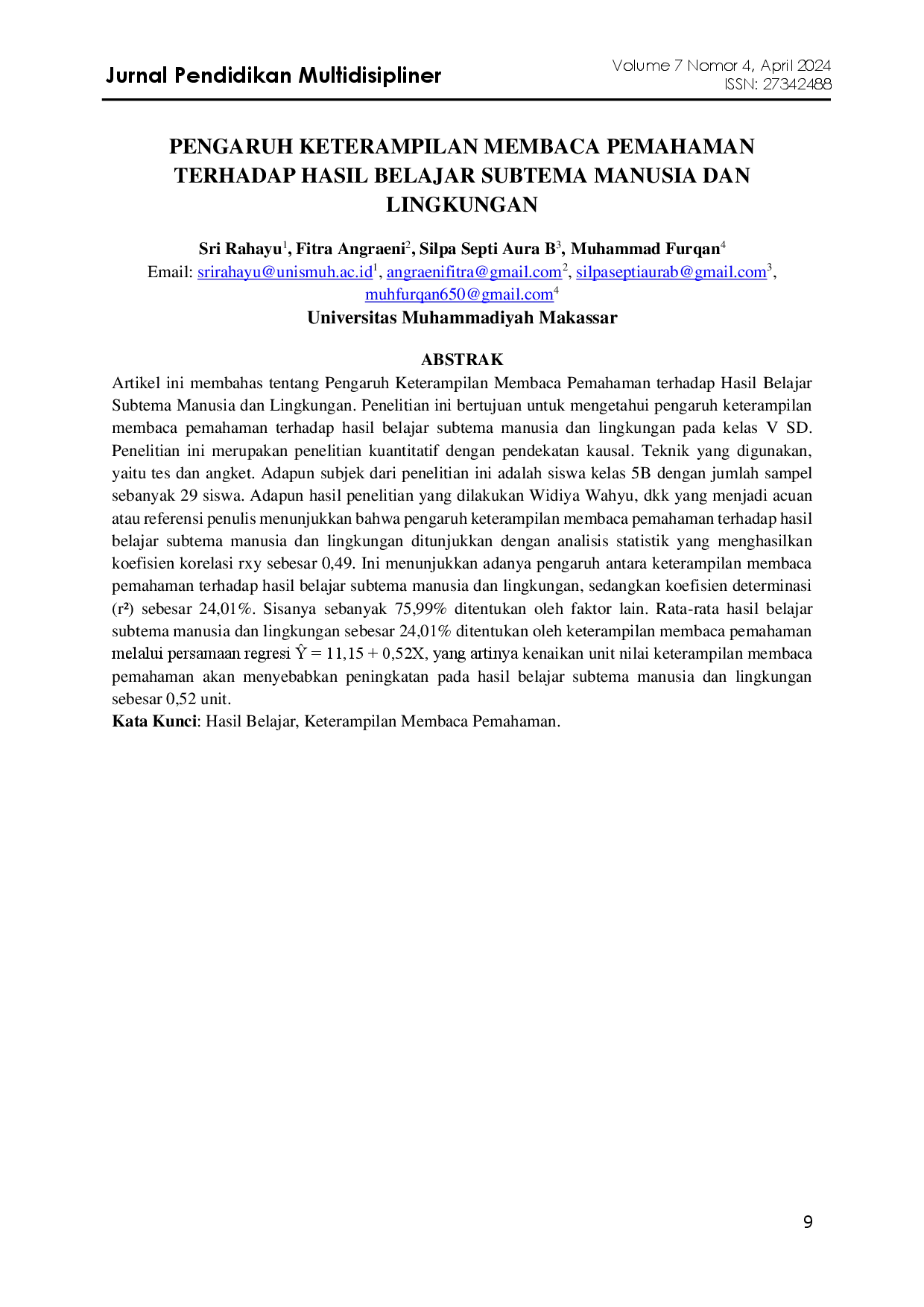 juris Pengaruh Keterampilan Membaca Pemahaman Terhadap Hasil Belajar Subtema Manusia Dan Lingkungan