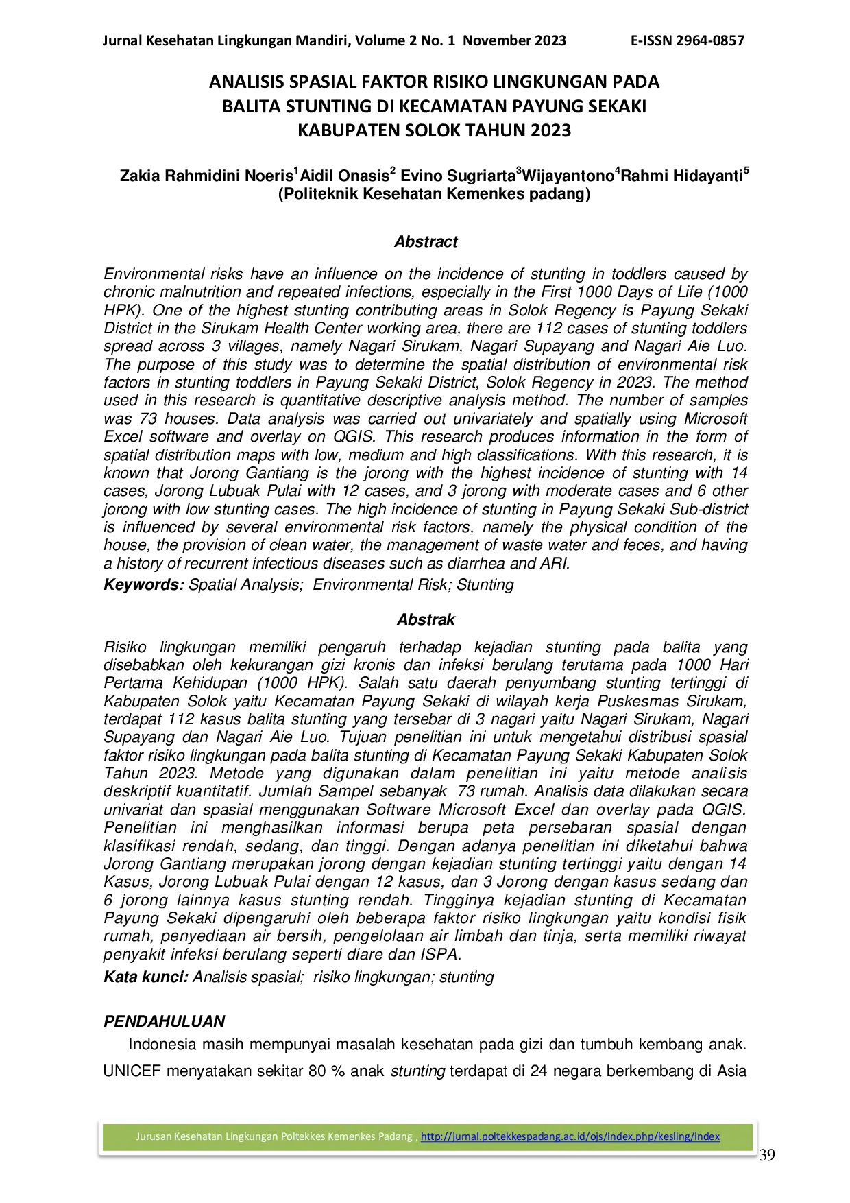 JURIS Analisis Spasial Faktor Risiko Lingkungan pada Balita Stunting di Kecamatan Payung Sekaki Kabupaten Solok Tahun 2023