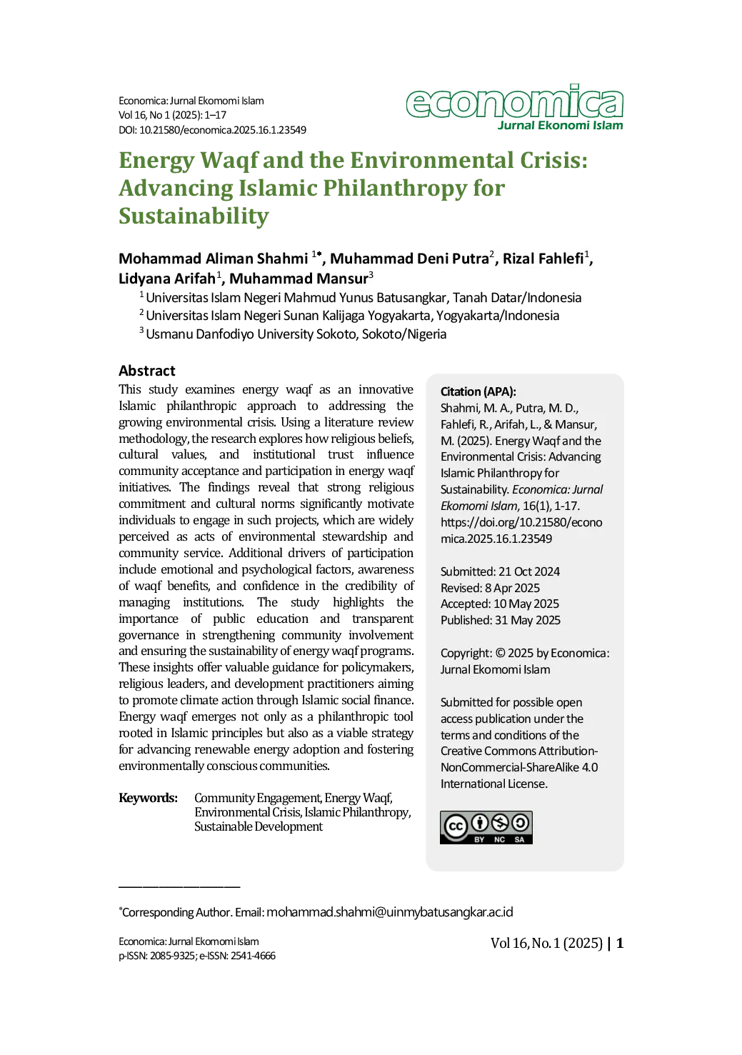 JURIS Energy Waqf and the Environmental Crisis Advancing Islamic Philanthropy for Sustainability