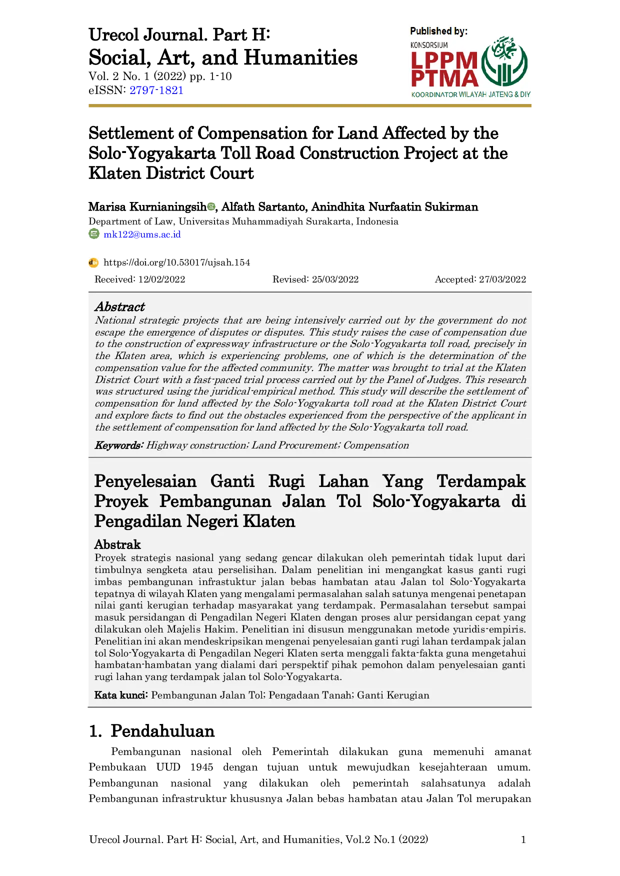 JURIS Settlement of Compensation for Land Affected by the Solo Yogyakarta Toll Road Construction Project at the Klaten District Court
