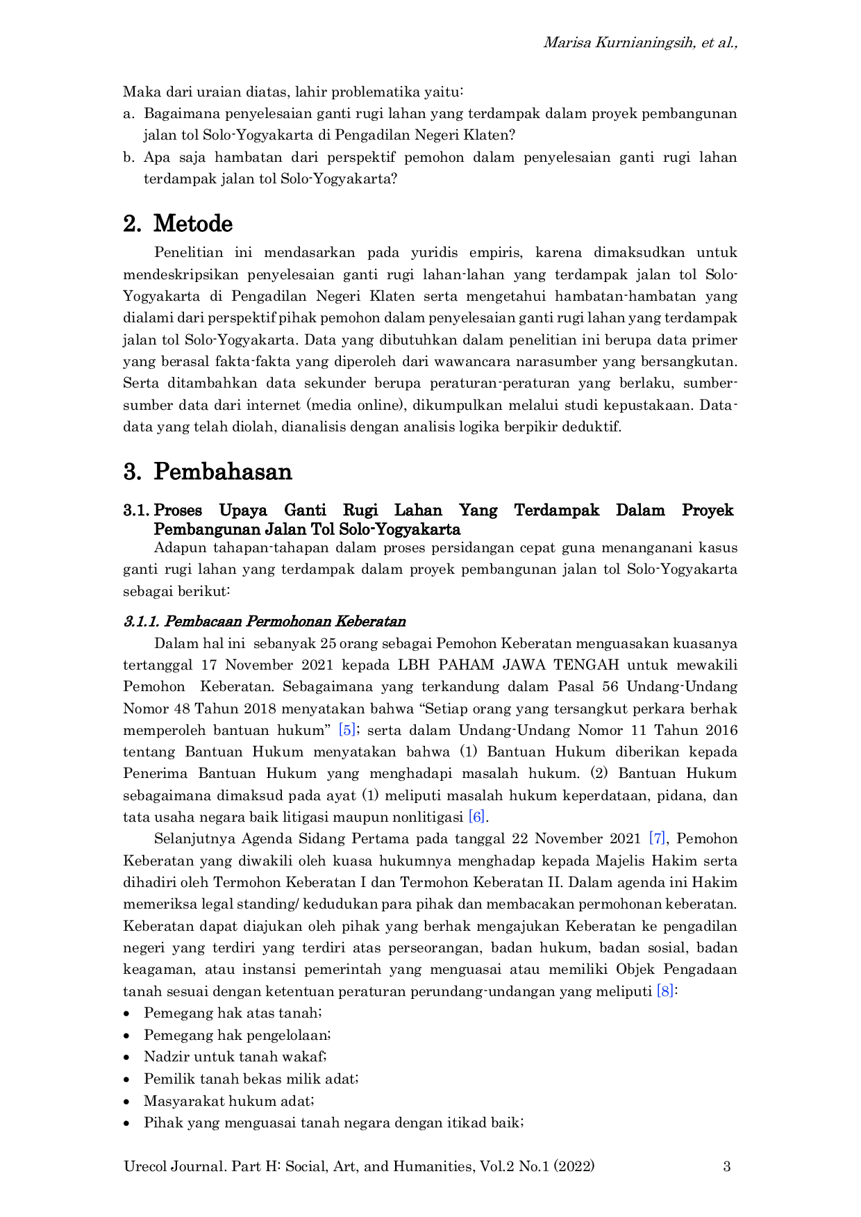 JURIS Settlement of Compensation for Land Affected by the Solo Yogyakarta Toll Road Construction Project at the Klaten District Court