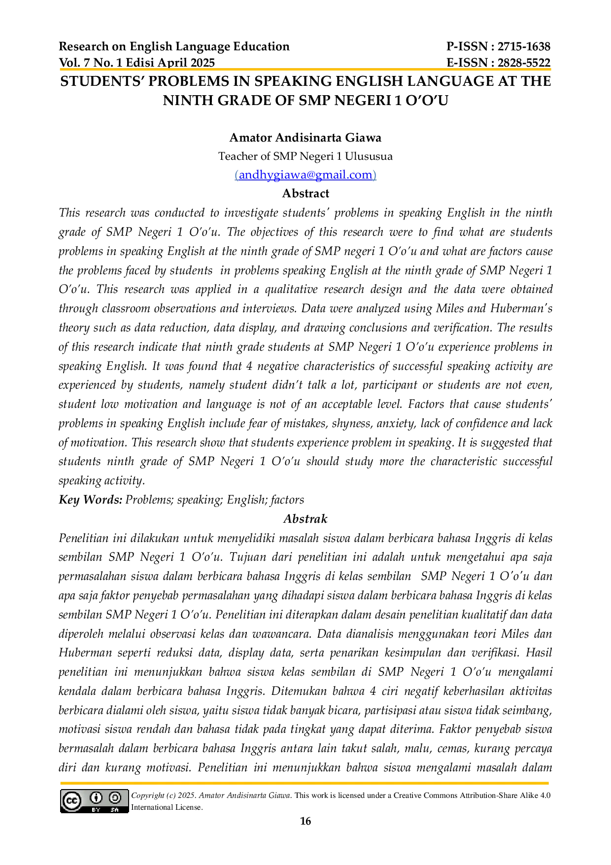 JURIS Students Problems in Speaking English Language at the Ninth Grade of SMP Negeri 1 O O U