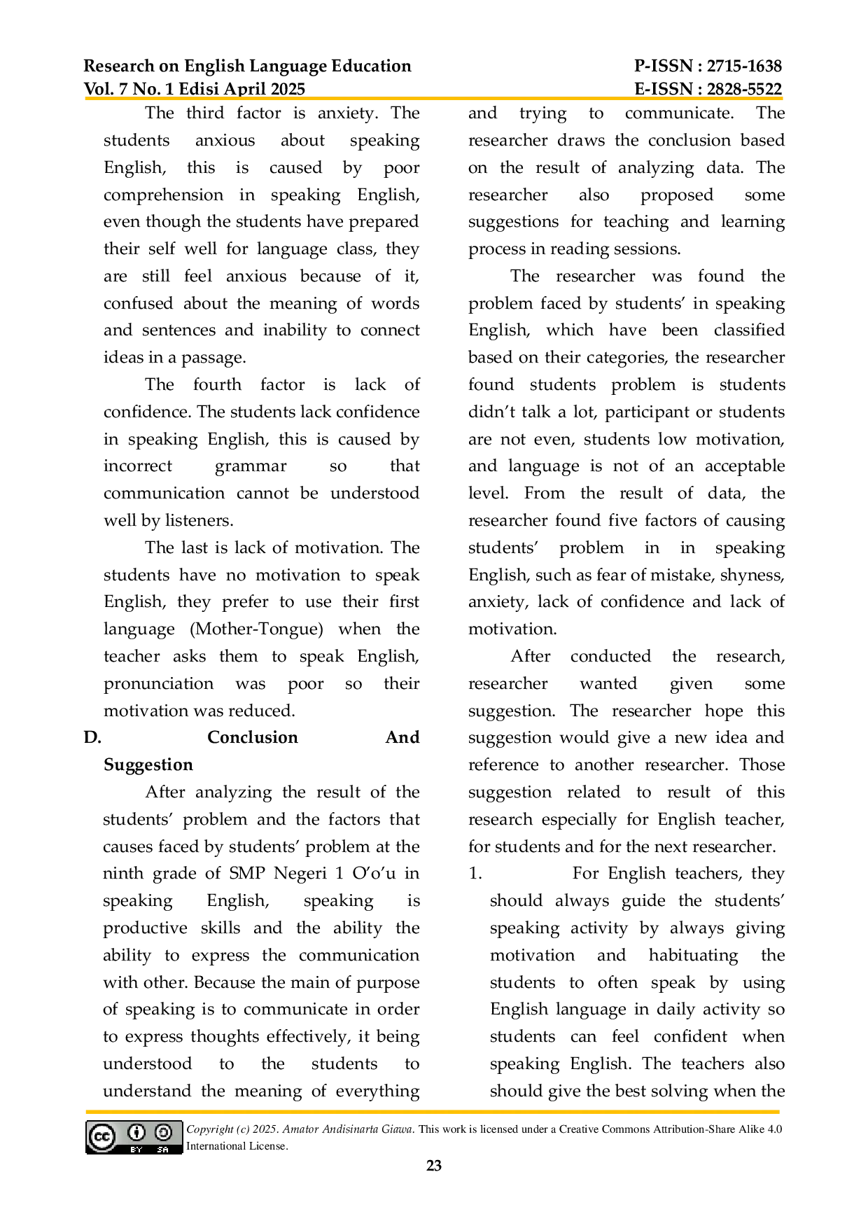 JURIS Students Problems in Speaking English Language at the Ninth Grade of SMP Negeri 1 O O U