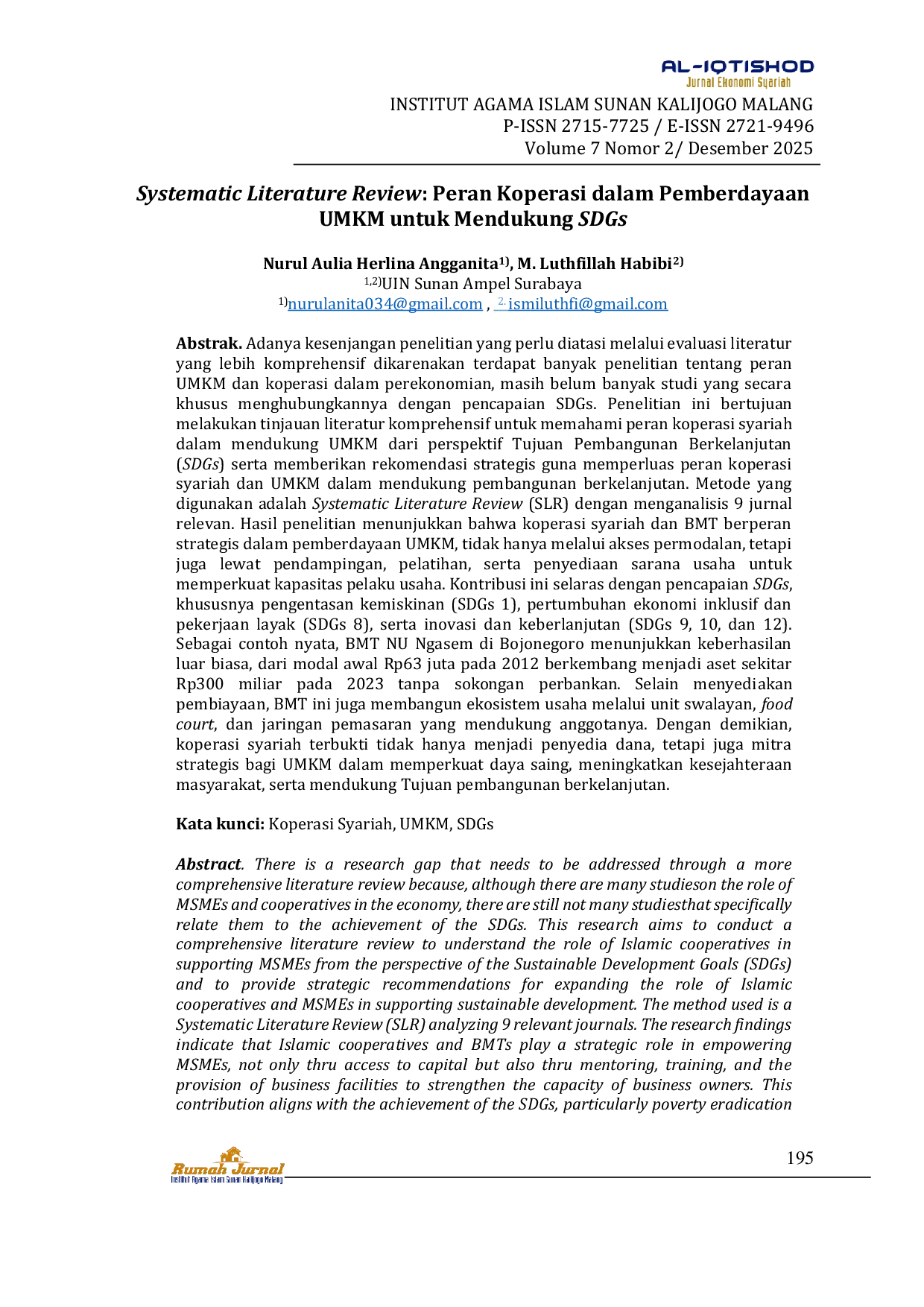 JURIS Systematic Literature Review Peran Koperasi dalam Pemberdayaan UMKM untuk Mendukung SDGs