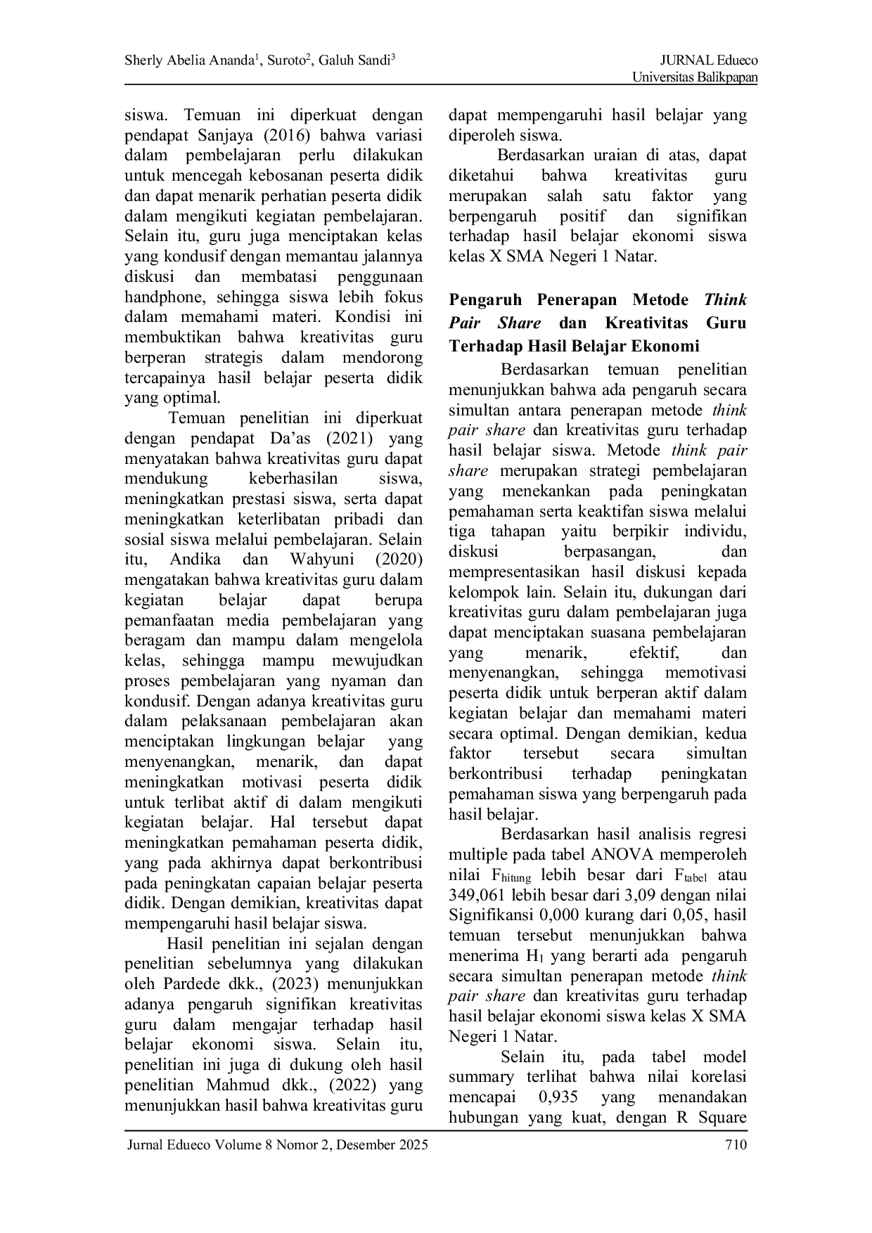 JURIS Pengaruh Penerapan Metode Think Pair Share dan Kreativitas Guru Terhadap Hasil Belajar Ekonomi Pada Siswa Kelas X SMA Negeri 1 Natar