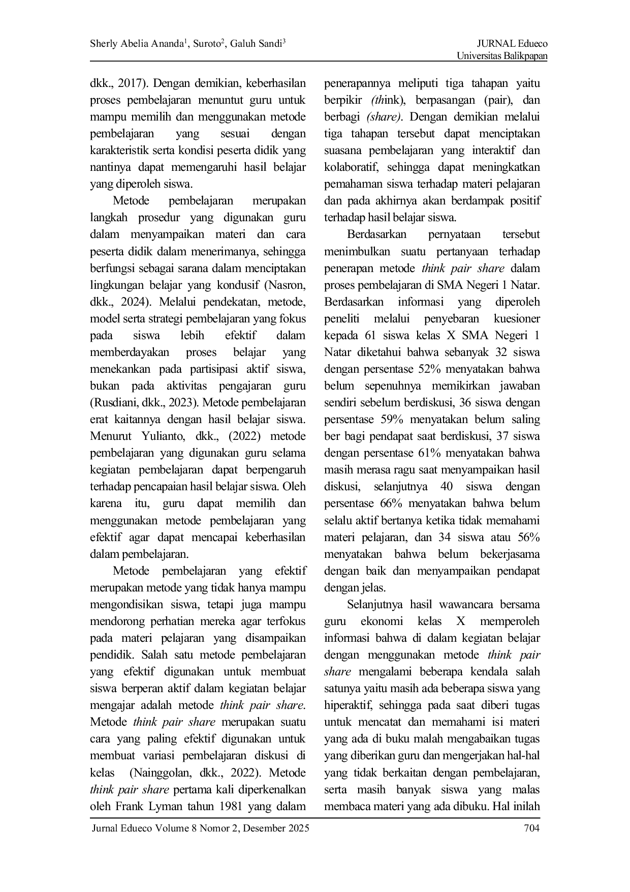 JURIS Pengaruh Penerapan Metode Think Pair Share dan Kreativitas Guru Terhadap Hasil Belajar Ekonomi Pada Siswa Kelas X SMA Negeri 1 Natar