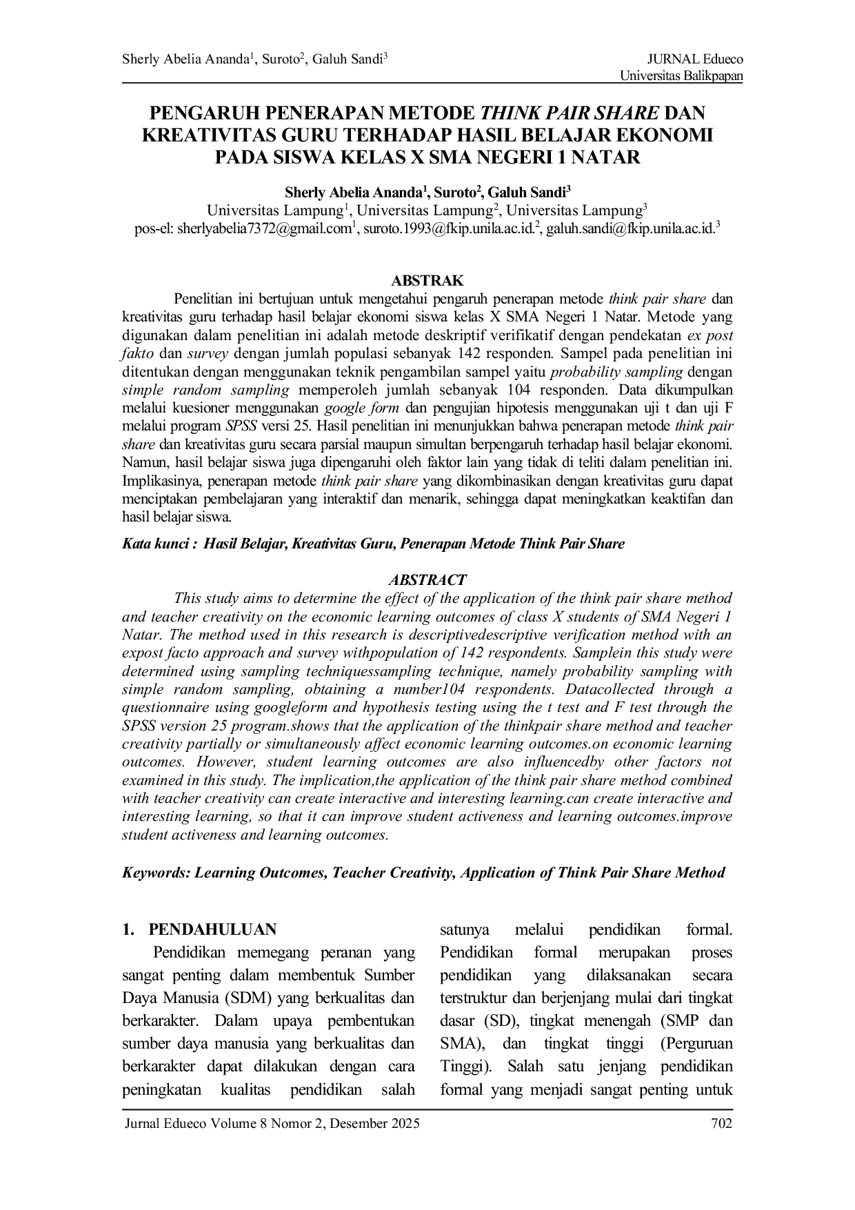 JURIS Pengaruh Penerapan Metode Think Pair Share dan Kreativitas Guru Terhadap Hasil Belajar Ekonomi Pada Siswa Kelas X SMA Negeri 1 Natar