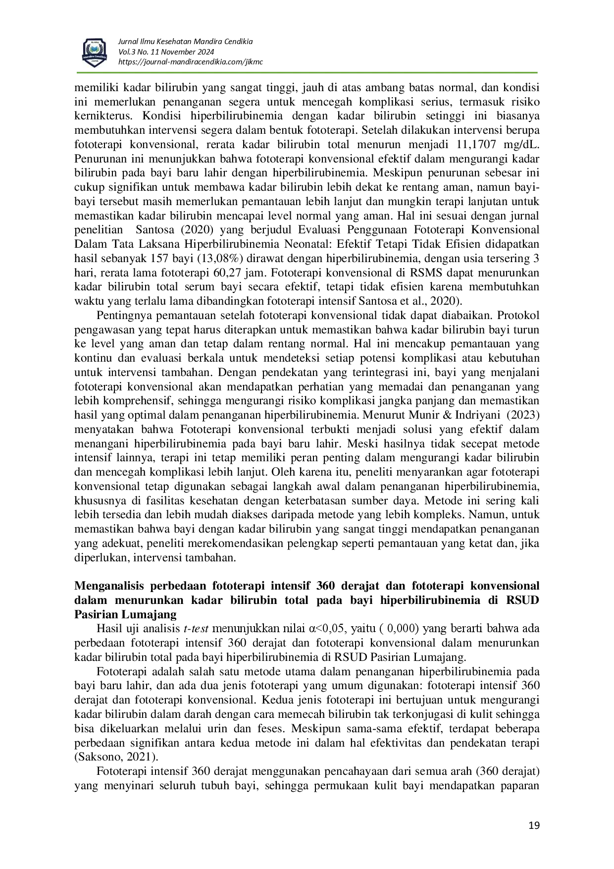 juris Perbandingan Fototerapi Intensif 360 Derajat Dan Fototerapi Konvensional Dalam Menurunkan Kadar Bilirubin Total Pada Bayi Hiperbilirubinemia Di RSUD Pasirian Lumajang
