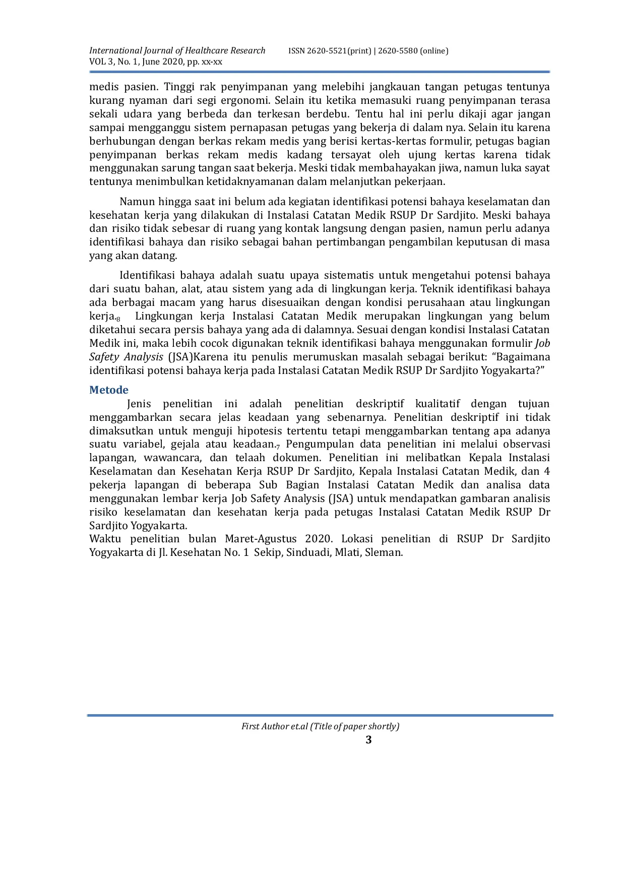 JURIS Identifikasi Potensi Bahaya Kerja pada Instalasi Catatan Medik RSUP Dr Sardjito Yogyakarta