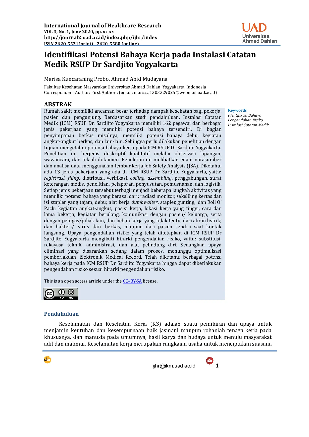 JURIS Identifikasi Potensi Bahaya Kerja pada Instalasi Catatan Medik RSUP Dr Sardjito Yogyakarta