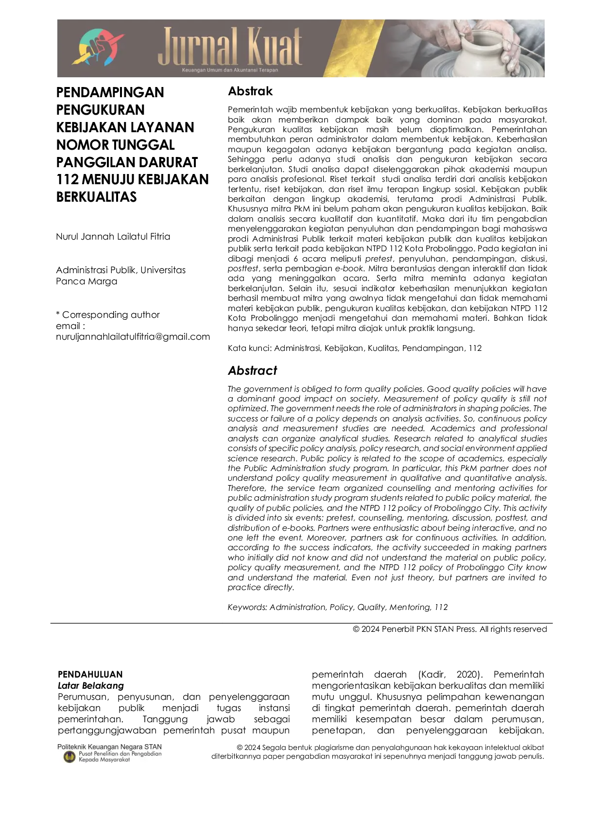 JURIS Pendampingan Pengukuran Kebijakan Layanan Nomor Tunggal Panggilan Darurat 112 Menuju Kebijakan Berkualitas