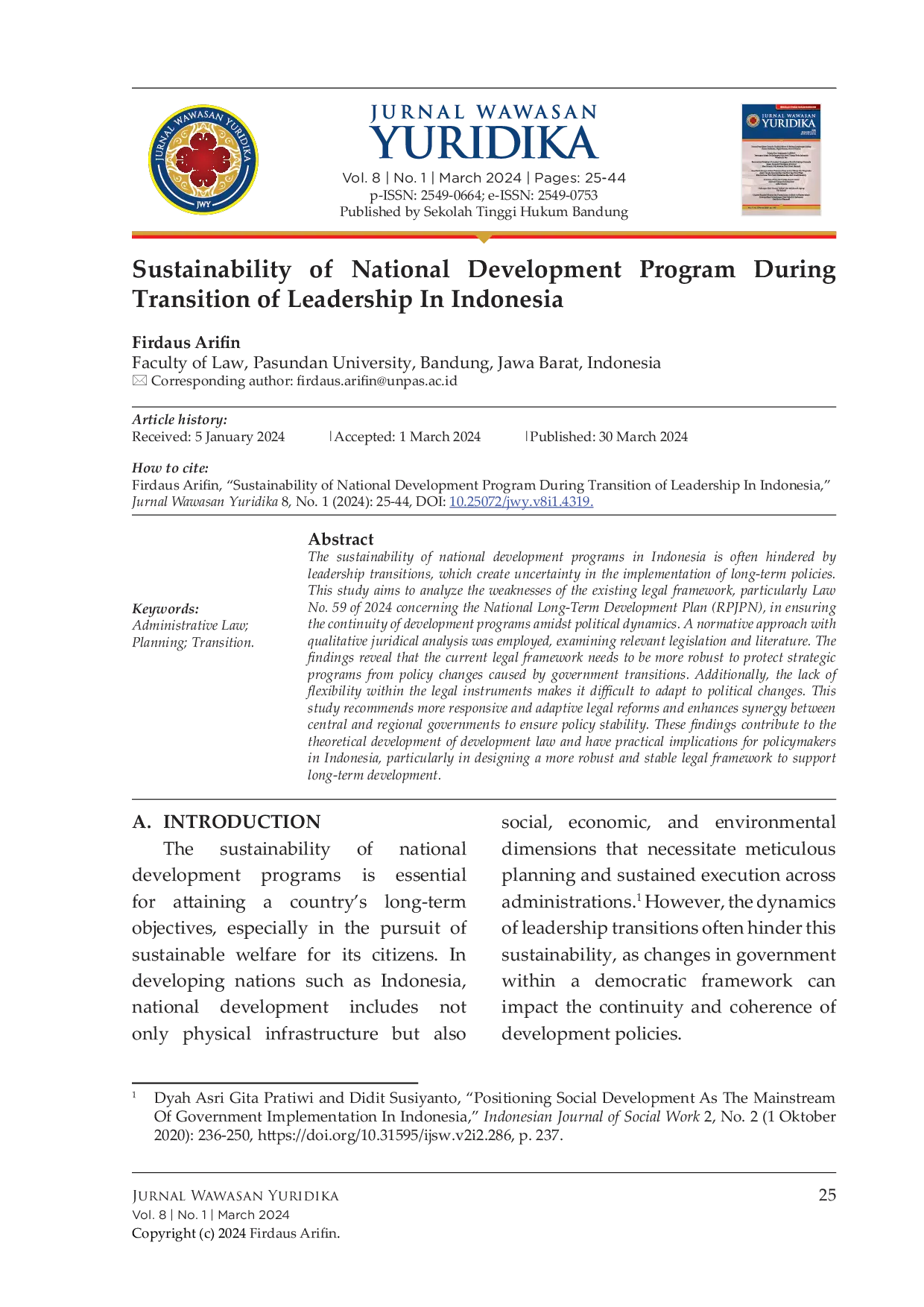 JURIS Sustainability of National Development Program During Transition of Leadership in Indonesia