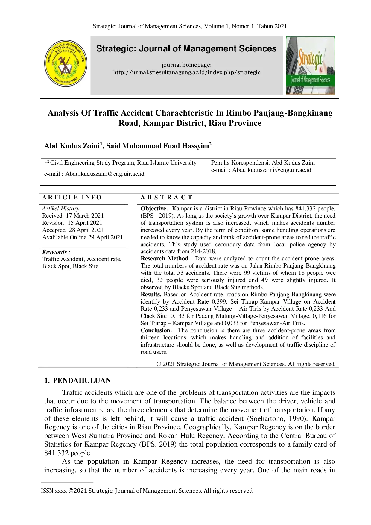 JURIS An Analysis Of Traffic Accident Charachteristic In Rimbo Panjang Bangkinang Road Kampar District Riau Province