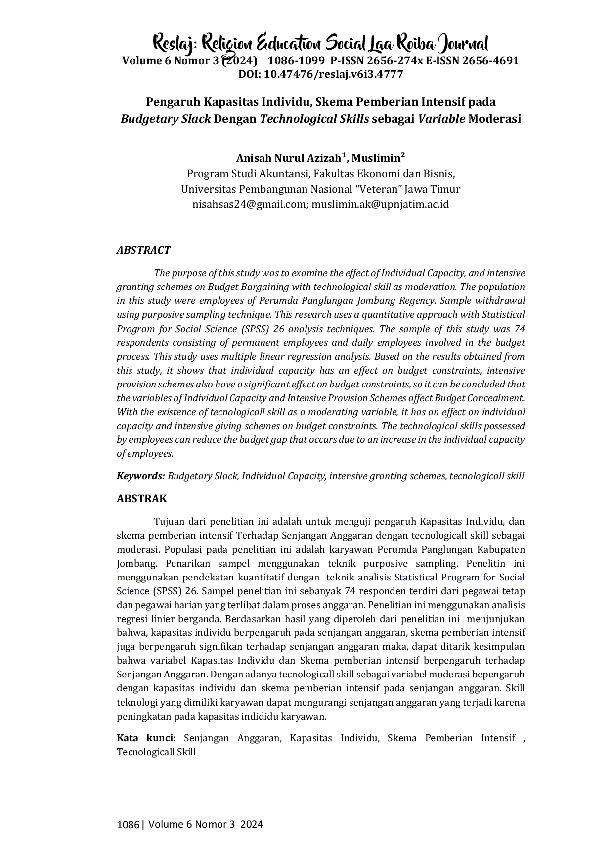 JURIS Pengaruh Kapasitas Individu Skema Pemberian Intensif pada Budgetary Slack dengan Technological Skills sebagai Variable Moderasi