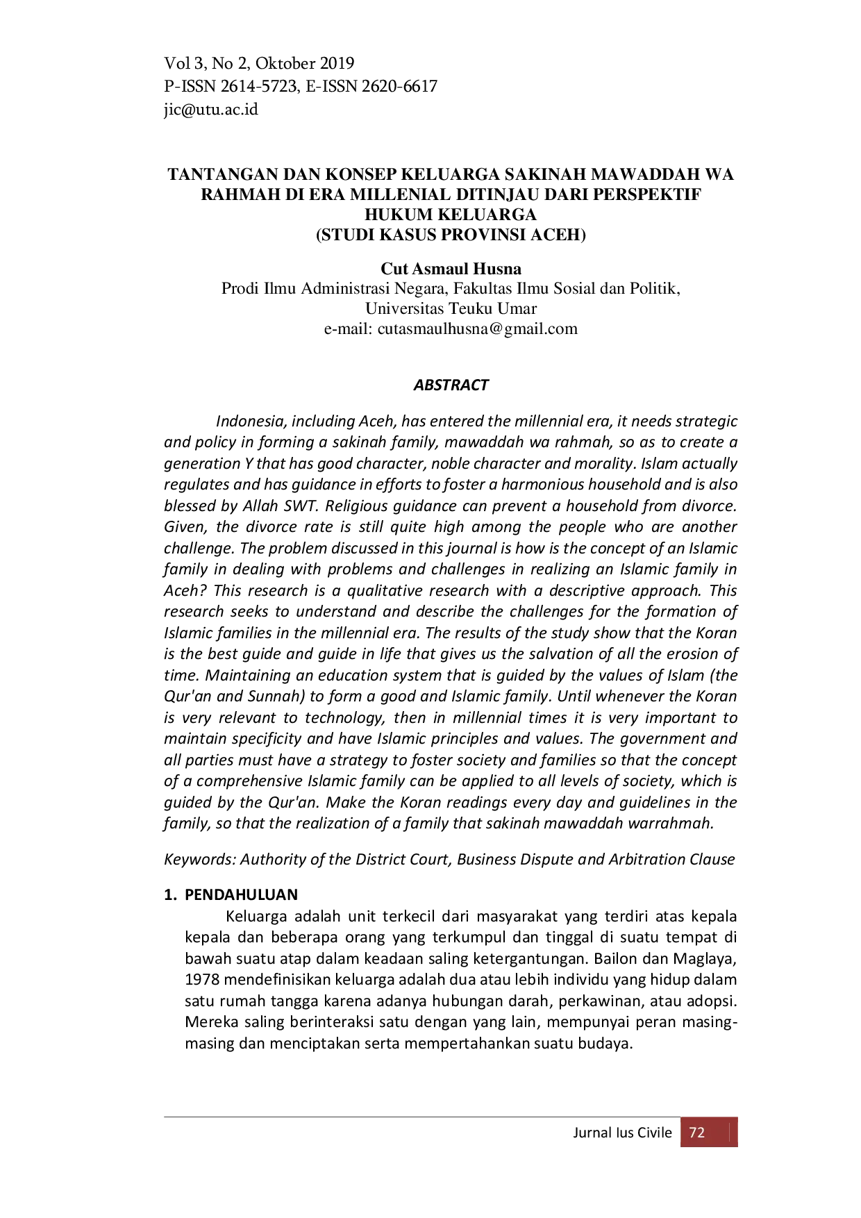 JURIS Tantangan dan Konsep Keluarga Sakinah Mawaddah Wa Rahmah di Era Millenial Ditinjau dari Perspektif Hukum Keluarga Studi Kasus Provinsi Aceh