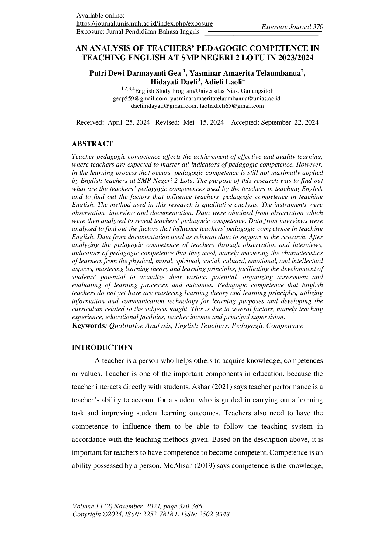 JURIS An Analysis of Teachers Pedagogic Competence in Teaching English at SMP Negeri 2 Lotu in 2023 2024