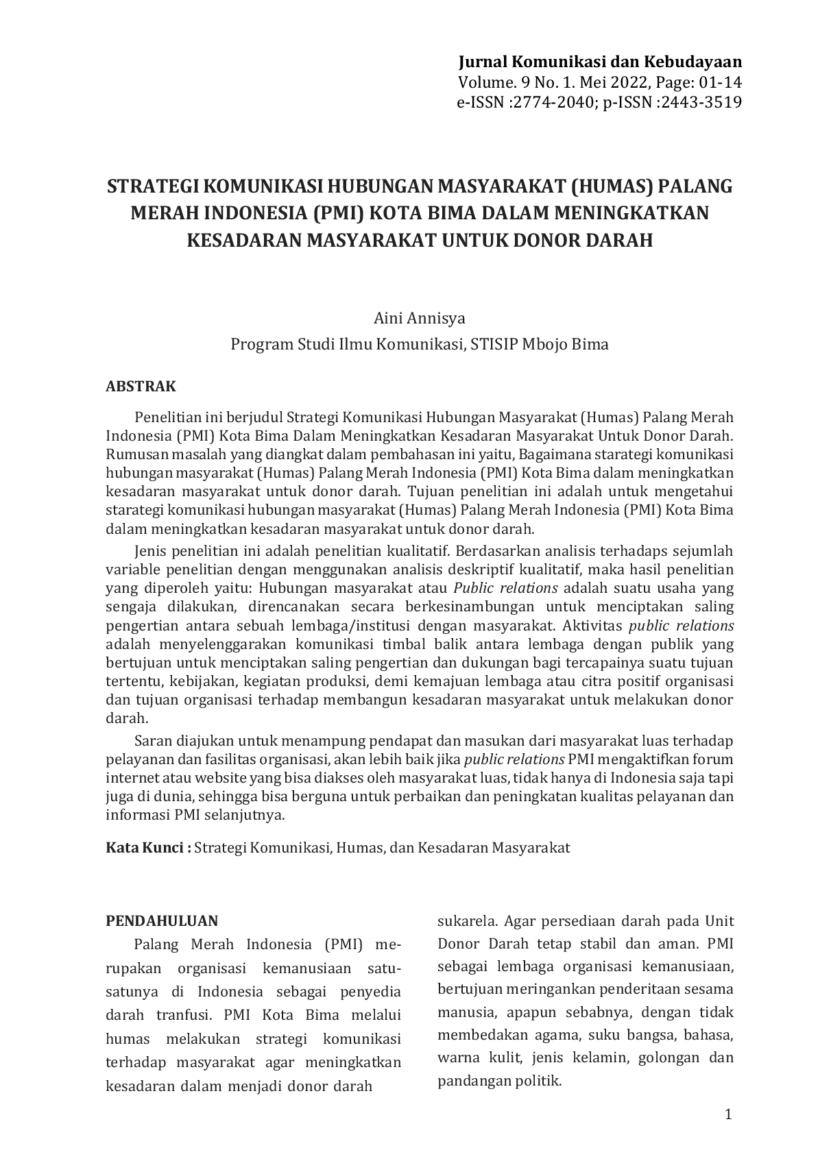 JURIS Strategi Komunikasi Hubungan Masyarakat Palang Merah Indonesia Kota Bima Dalam Meningkatkan Kesadaran Masyarakat Untuk Donor Darah