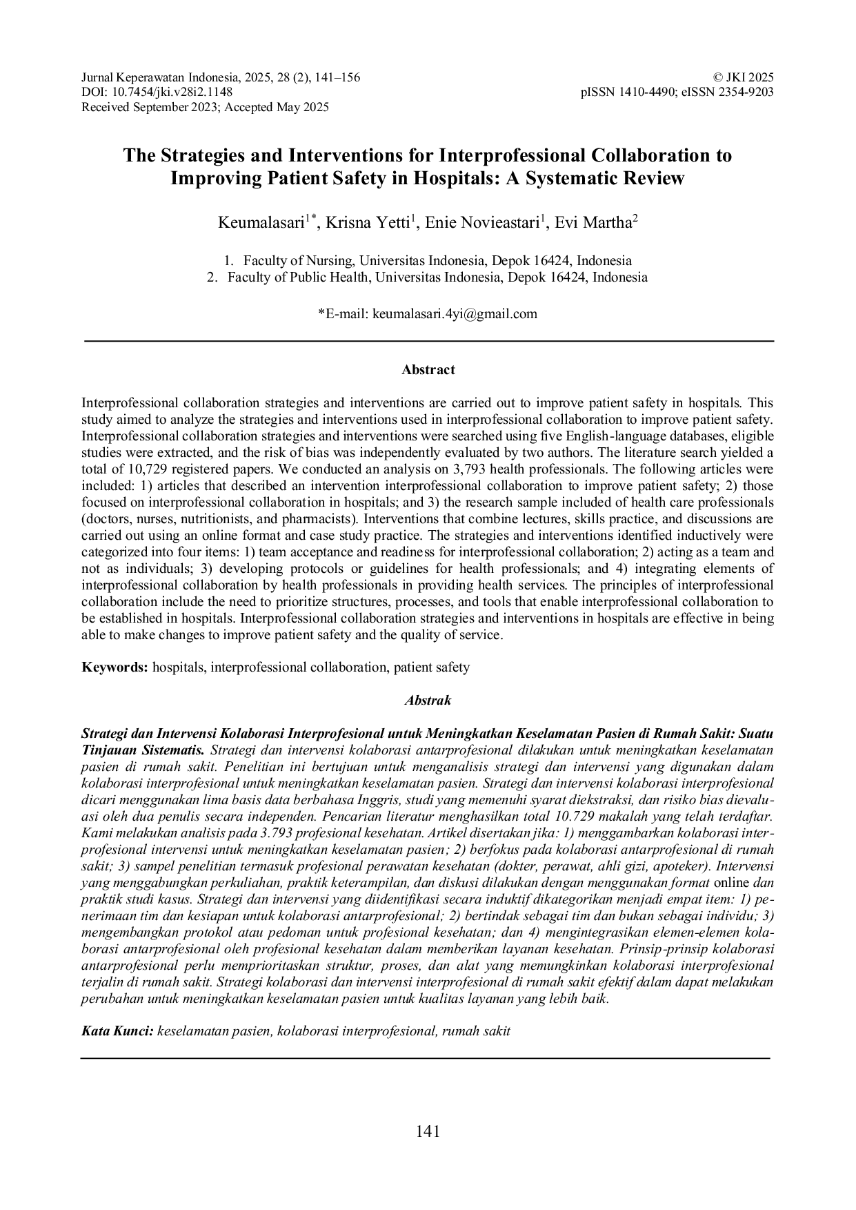 JURIS The Strategies and Interventions for Interprofessional Collaboration to Improving Patient Safety in Hospitals A Systematic Review