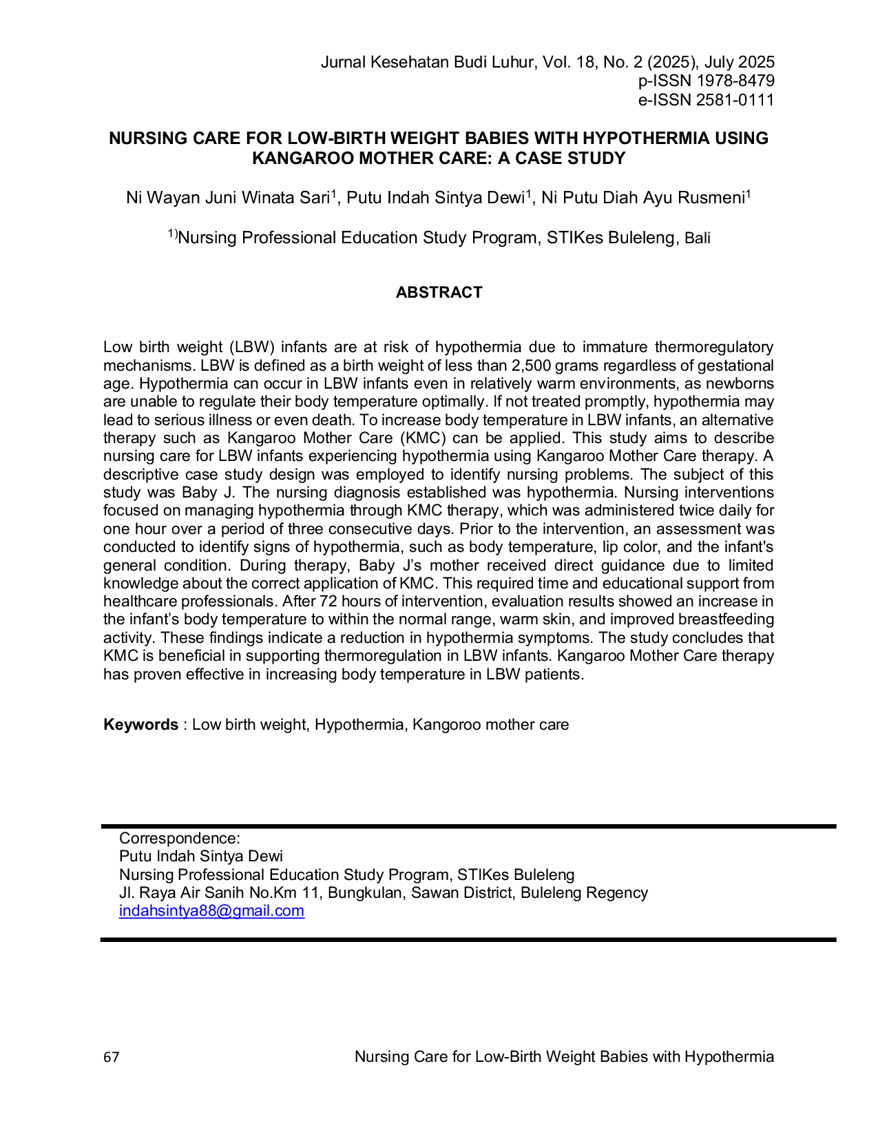 JURIS Nursing Care for Low Birth Weight Babies With Hypothermia Using Kangaroo Mother Care A Case Study