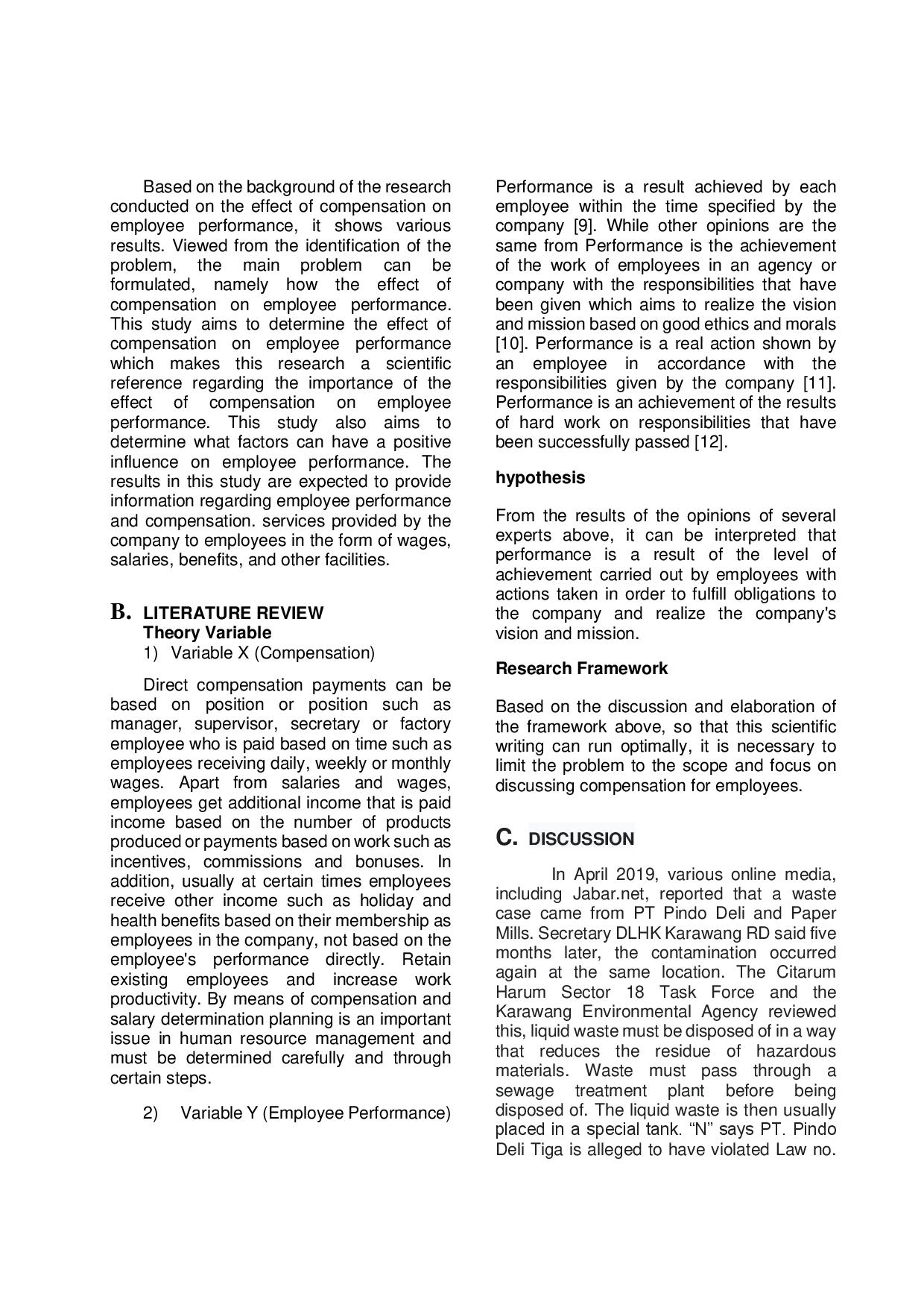 juris An influence of giving compensation on employee performance in Balongan district office Indramayu District