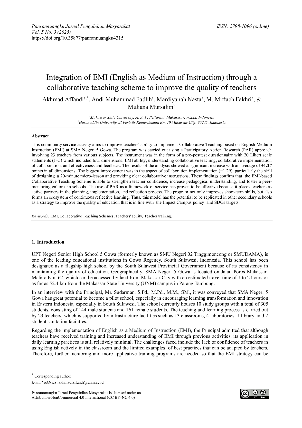 JURIS Integration of EMI English as Medium of Instruction through a collaborative teaching scheme to improve the quality of teachers