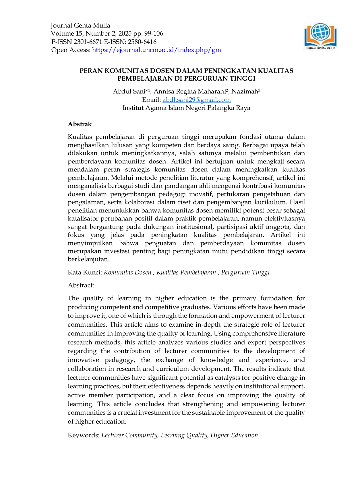 JURIS Peran Komunitas Dosen dalam Peningkatan Kualitas Pembelajaran di Perguruan Tinggi