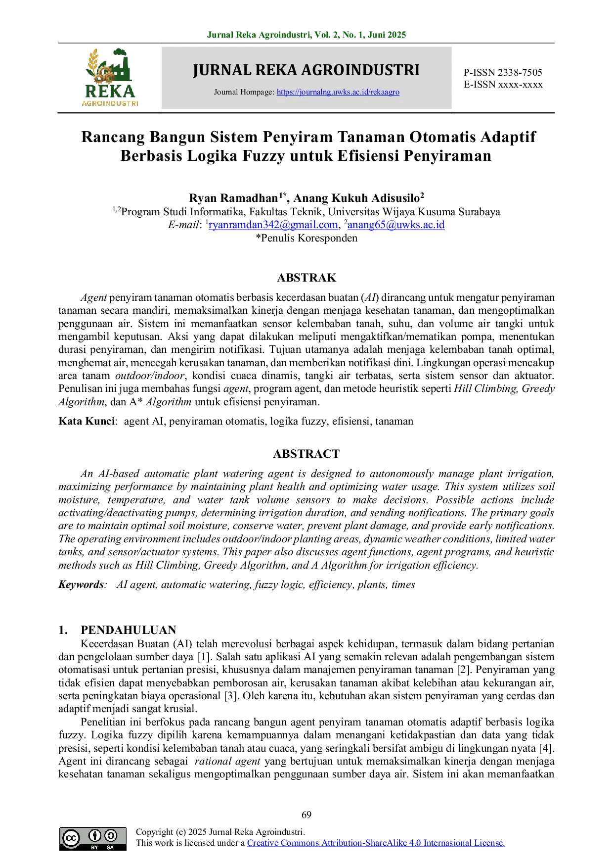 JURIS Rancang Bangun Sistem Penyiram Tanaman Otomatis Adaptif Berbasis Logika Fuzzy untuk Efisiensi Penyiraman