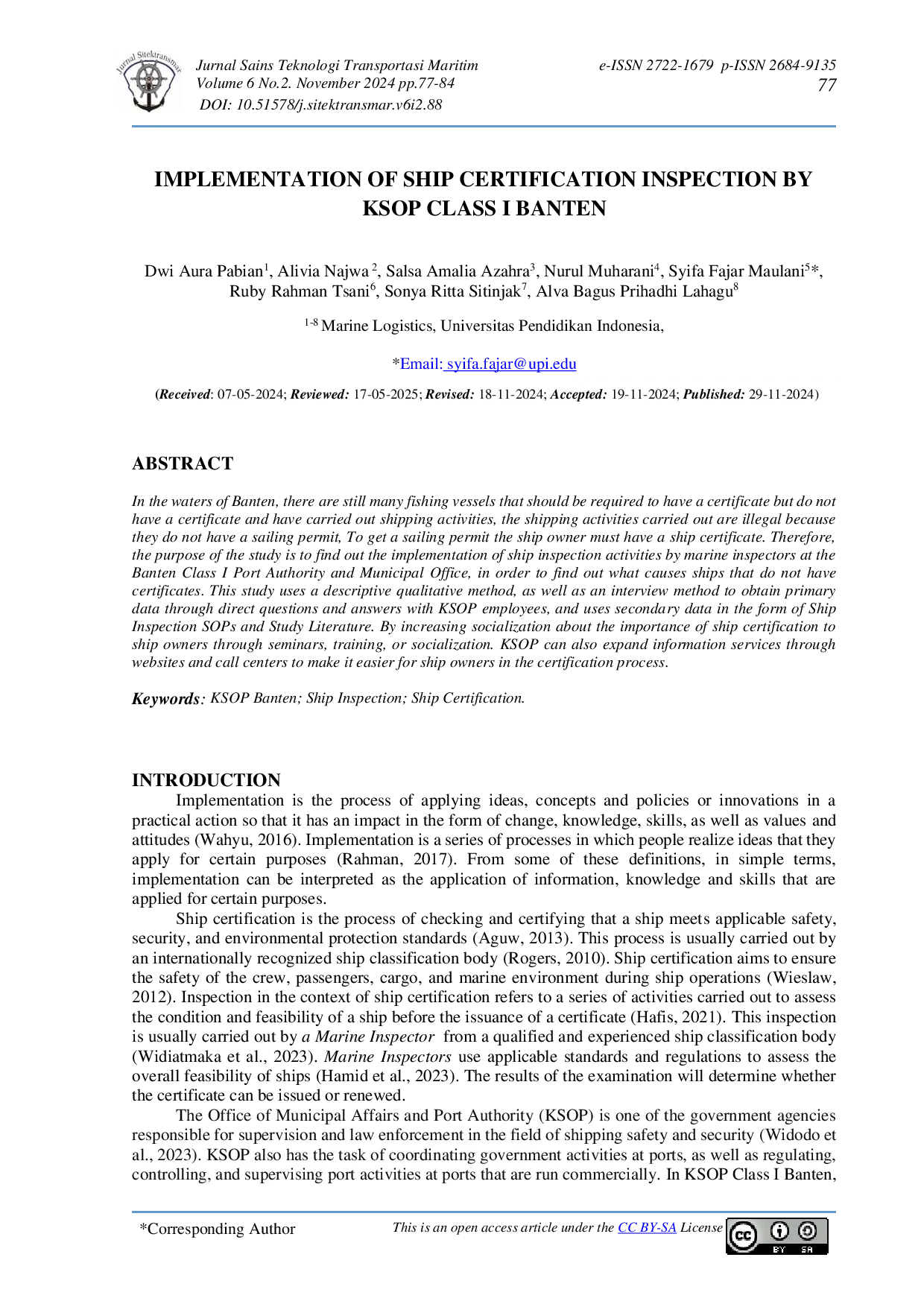 JURIS Implementation Of Ship Certification Inspection By KSOP Class I Banten