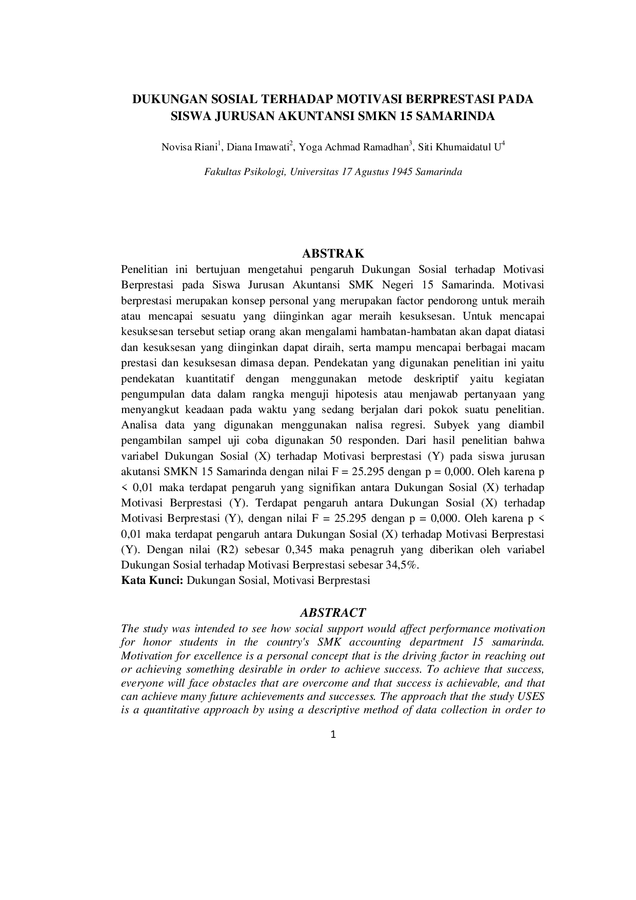JURIS Dukungan Sosial Terhadap Motivasi Berprestasi Pada Siswa Jurusan Akuntansi Smkn 15 Samarinda