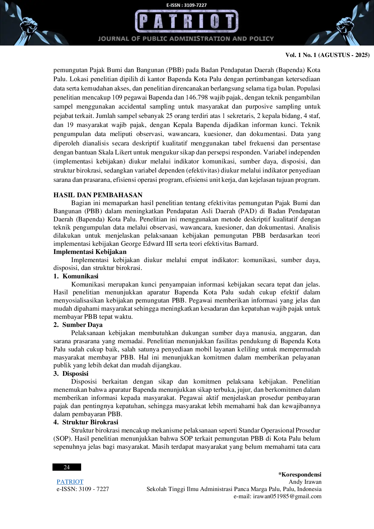 JURIS Implementasi Kebijakan Terhadap Efektivitas Pemungutan Pajak Bumi Dan Bangunan Pada Badan Pendapatan Daerah Kota Palu