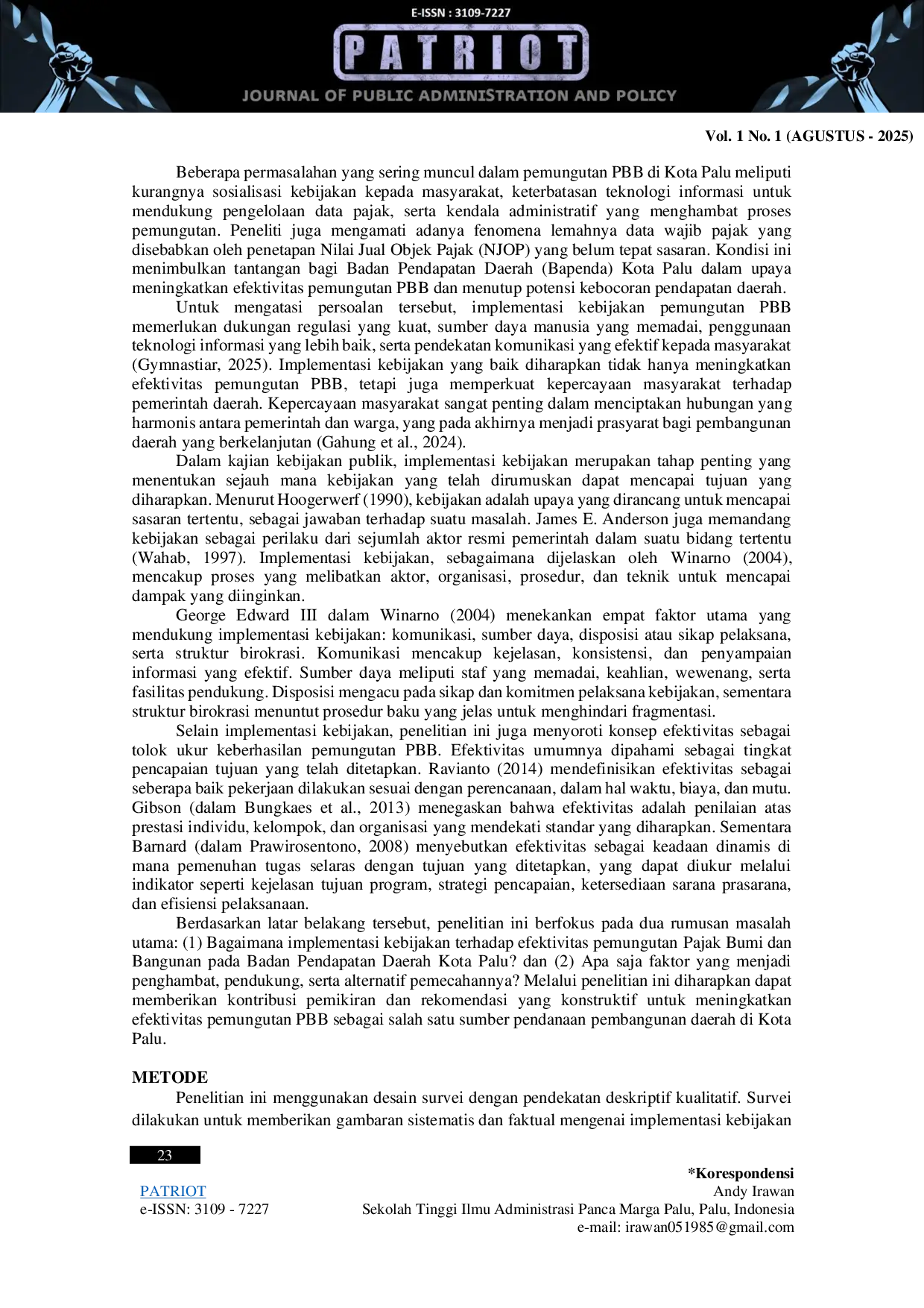 JURIS Implementasi Kebijakan Terhadap Efektivitas Pemungutan Pajak Bumi Dan Bangunan Pada Badan Pendapatan Daerah Kota Palu