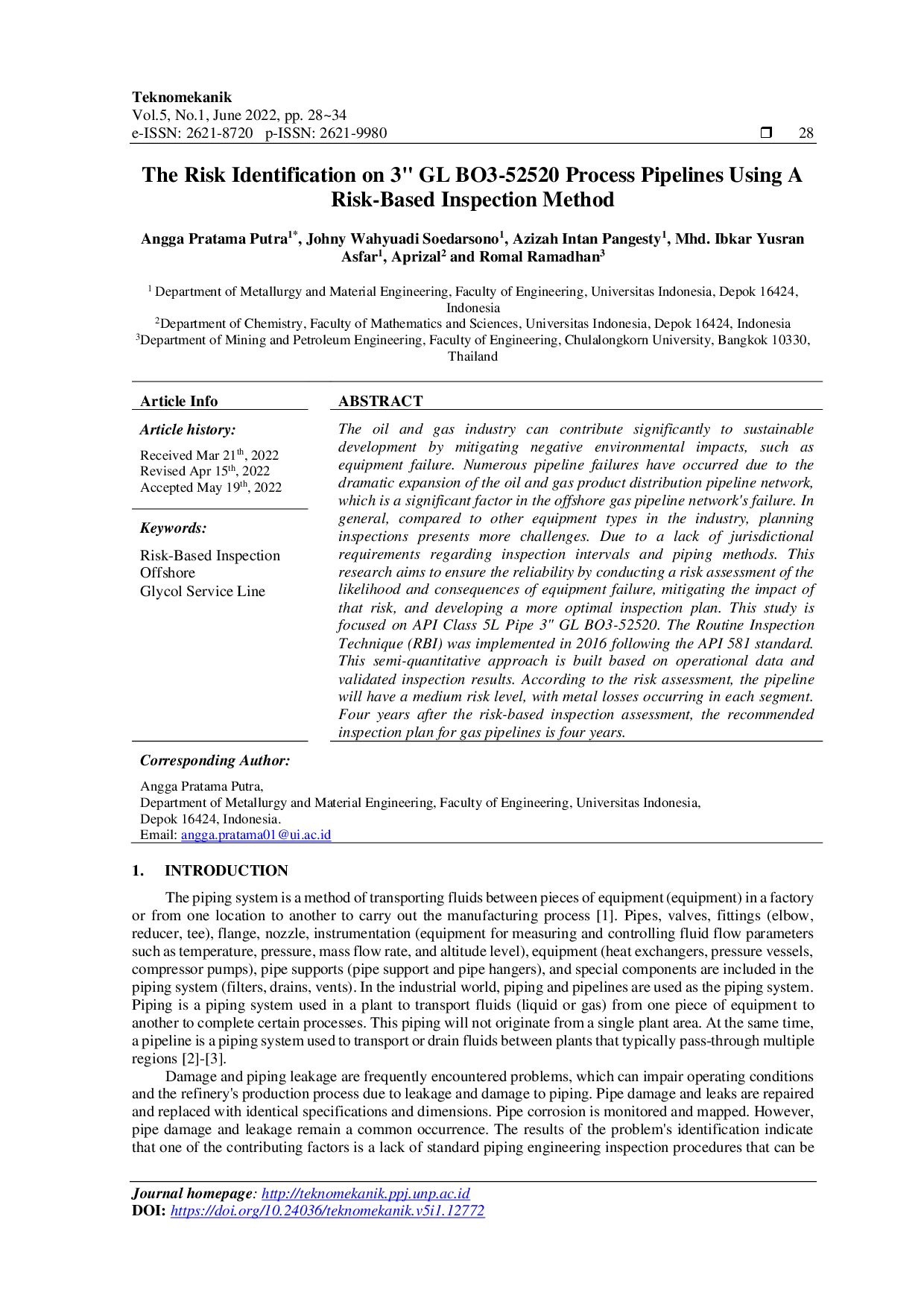 juris The Risk Identification On 3 GL BO3 52520 Process Pipelines Using a Risk Based Inspection Method