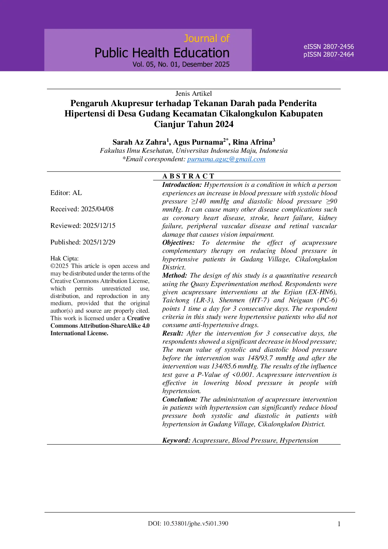 JURIS Pengaruh Akupresur terhadap Tekanan Darah pada Penderita Hipertensi di Desa Gudang Kecamatan Cikalongkulon Kabupaten Cianjur Tahun 2024