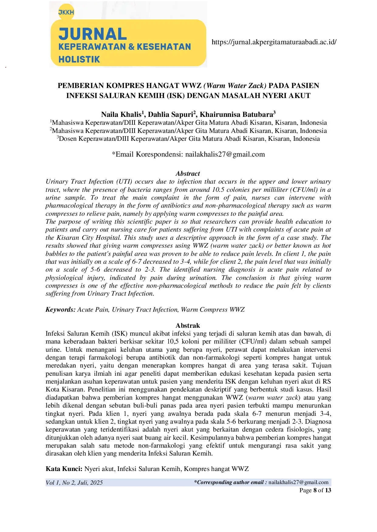 JURIS PEMBERIAN KOMPRES HANGAT WWZ Warm Water Zack PADA PASIEN INFEKSI SALURAN KEMIH ISK DENGAN MASALAH NYERI AKUT