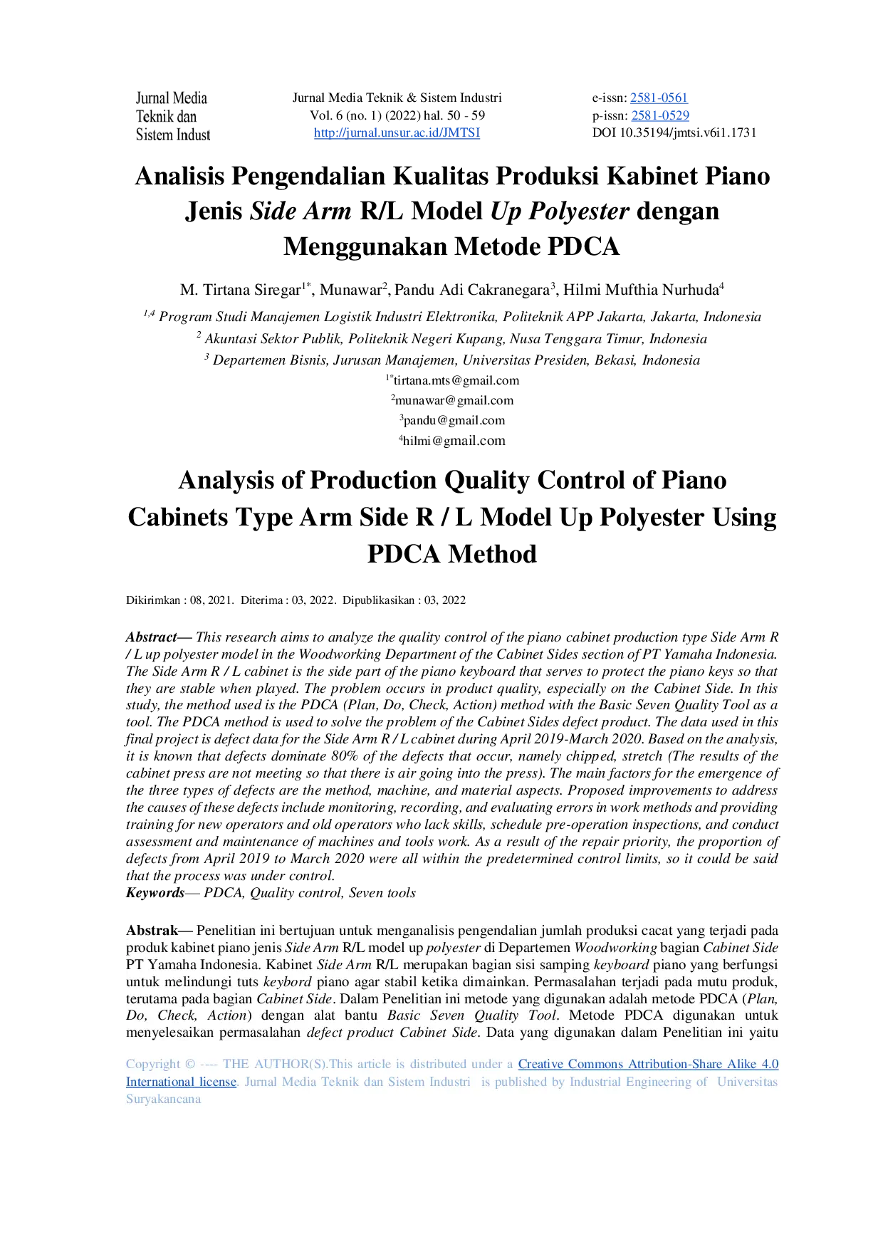 JURIS Analisis Pengendalian Kualitas Produksi Kabinet Piano Jenis Side Arm R L Model Up Polyester Dengan Menggunakan Metode PDCA