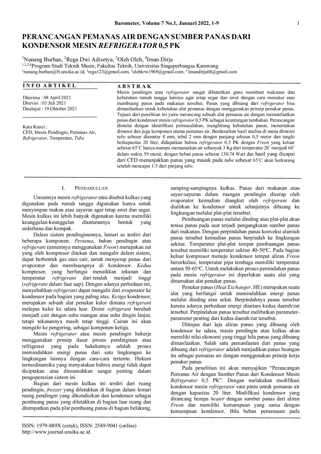 JURIS PERANCANGAN PEMANAS AIR DENGAN SUMBER PANAS DARI KONDENSOR MESIN REFRIGERATOR 0 5 PK Bahasa Indonesia