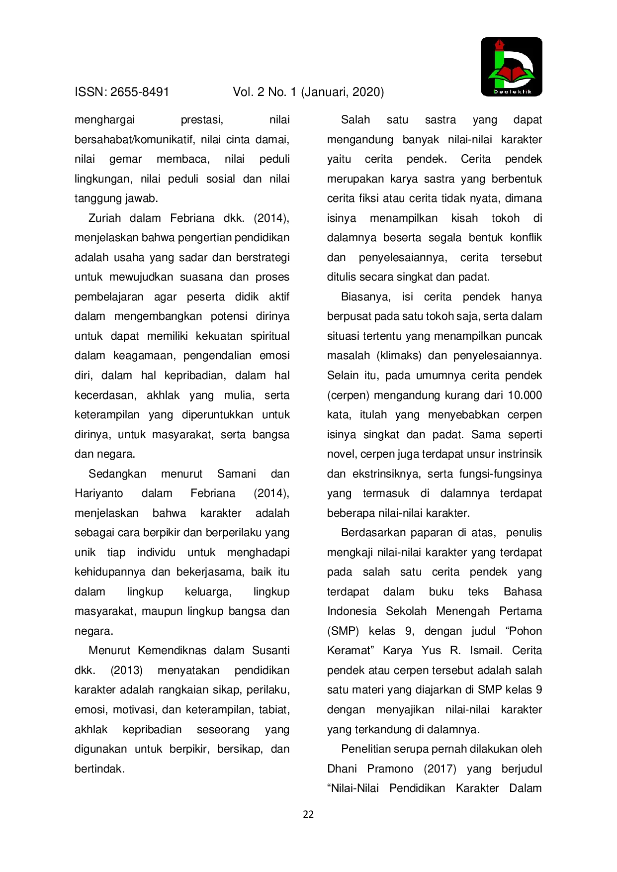 JURIS Muatan Nilai Nilai Karakter Dalam Teks Cerita Pendek Pohon Keramat Karya Yus R Ismail Yang Terdapat Dalam Buku Teks Bahasa Indonesia Sekolah Menengah Pertama Kelas 9