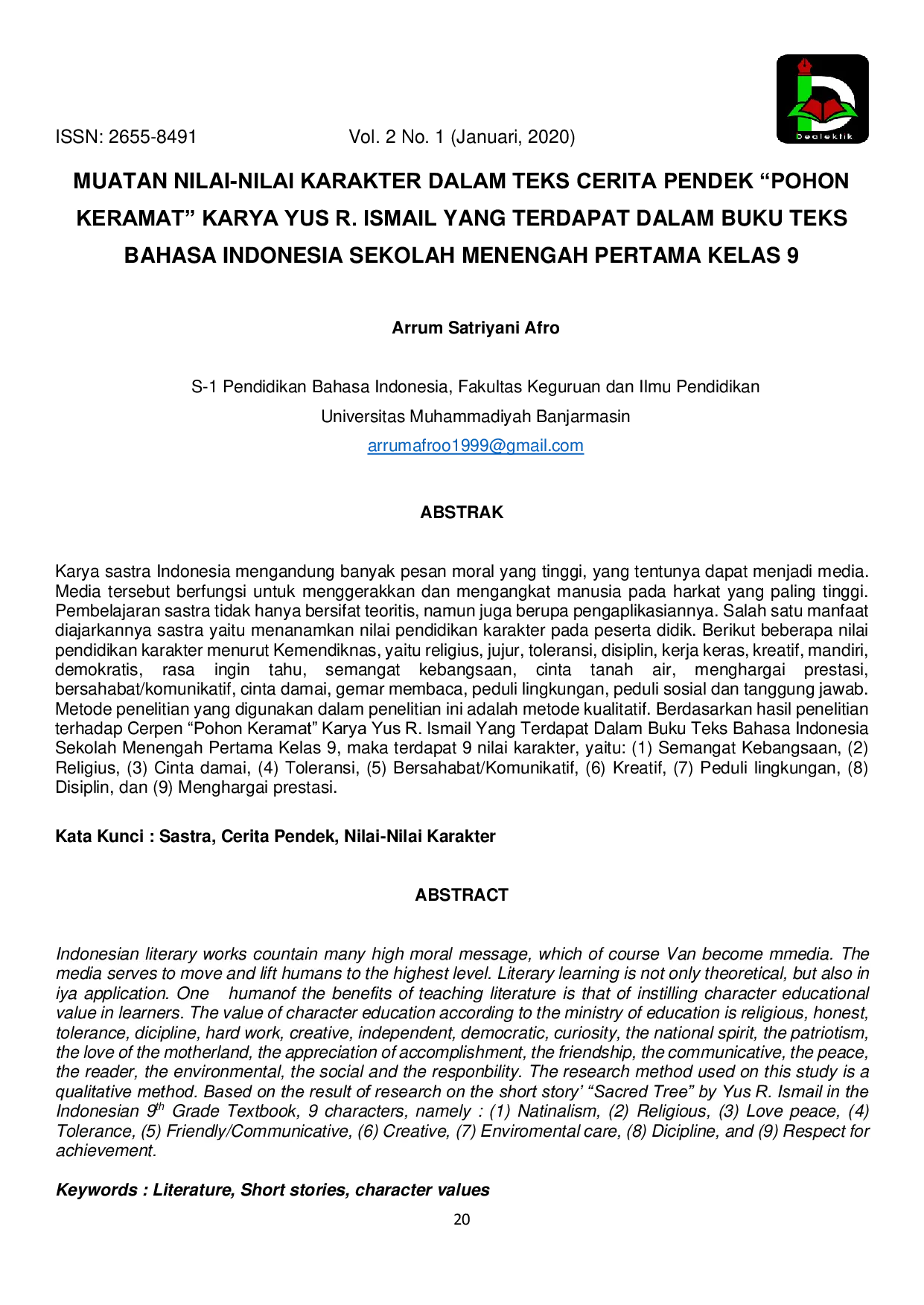 JURIS Muatan Nilai Nilai Karakter Dalam Teks Cerita Pendek Pohon Keramat Karya Yus R Ismail Yang Terdapat Dalam Buku Teks Bahasa Indonesia Sekolah Menengah Pertama Kelas 9