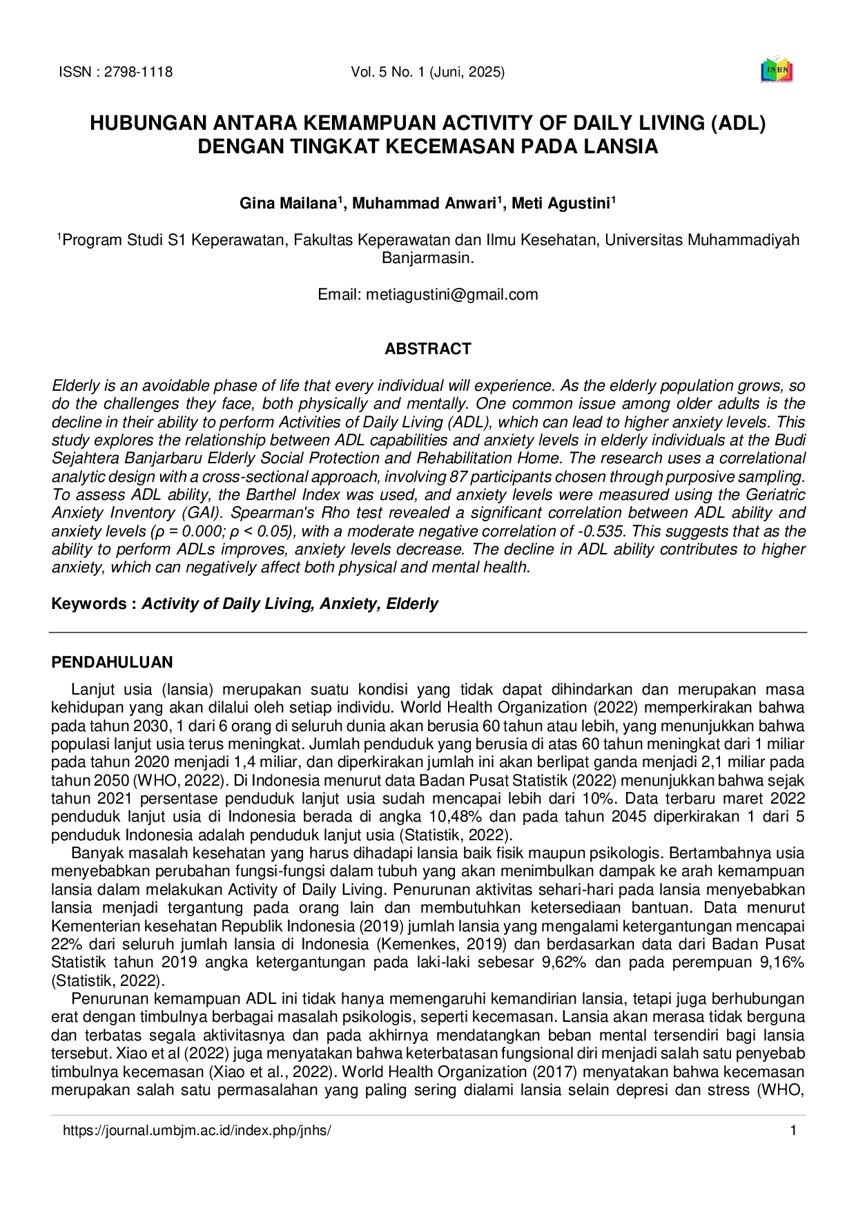 JURIS Hubungan Antara Kemampuan Activity Of Daily Living Adl Dengan Tingkat Kecemasan Pada Lansia