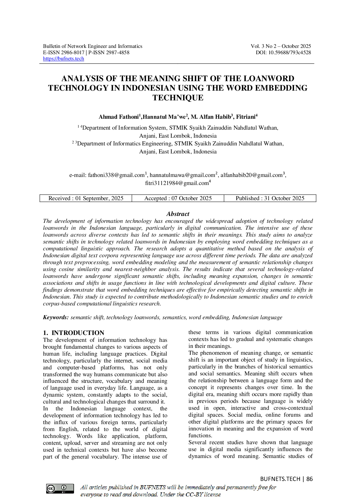 JURIS Analysis Of The Meaning Shift Of The Loanword Technology In Indonesian Using The Word Embedding Technique