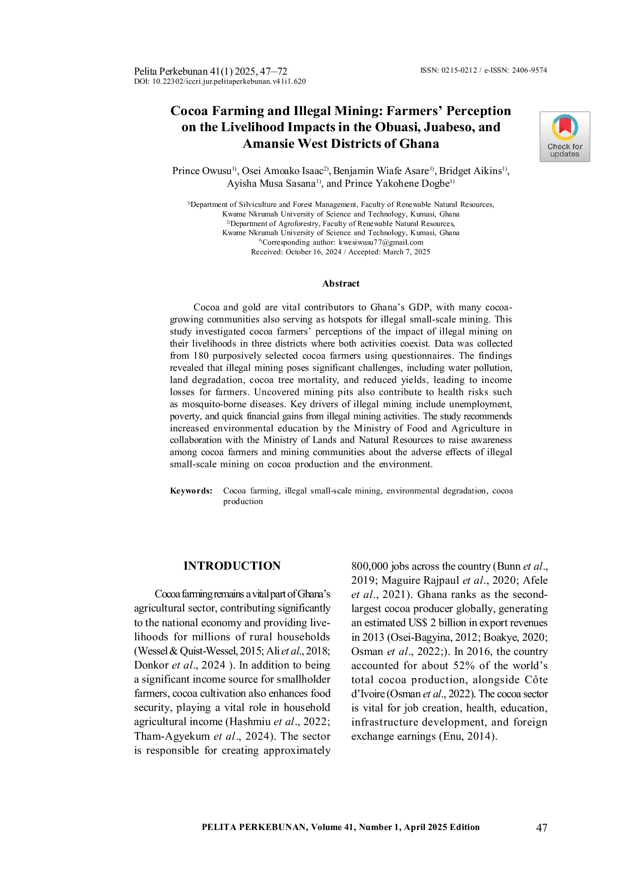 JURIS Cocoa Farming and Illegal Mining Farmers Perception on the Livelihood Impacts in the Obuasi Juabeso and Amansie West Districts of Ghana