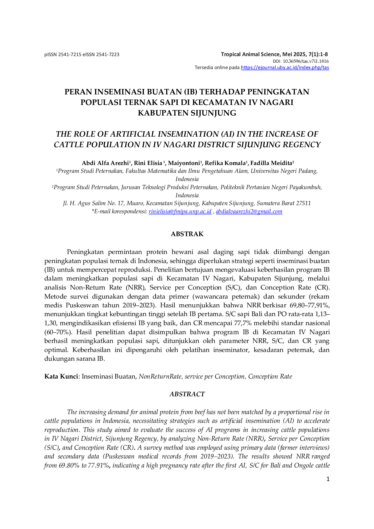 JURIS Peran Inseminasi Buatan IB Terhadap Peningkatan Populasi Ternak Sapi di Kecamatan IV Nagari Kabupaten Sijunjung