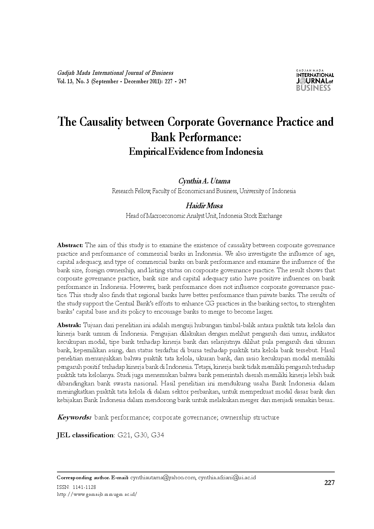 juris The Causality between Corporate Governance Practice and Bank Performance Empirical Evidence from Indonesia