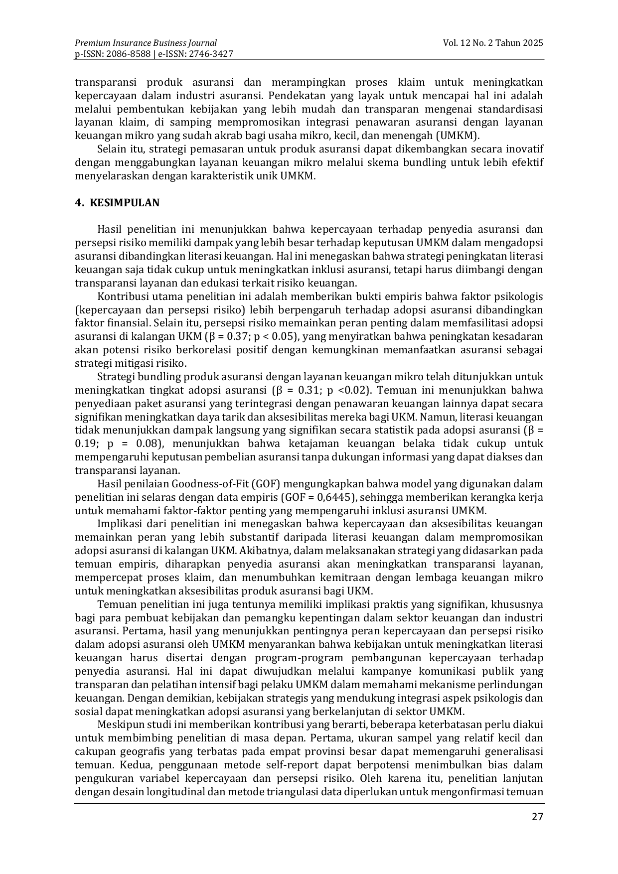 JURIS PERAN KEPERCAYAAN DAN PERSEPSI RISIKO TERHADAP INKLUSI ASURANSI UMKM DALAM PENCAPAIAN SDGs 2030 DI INDONESIA