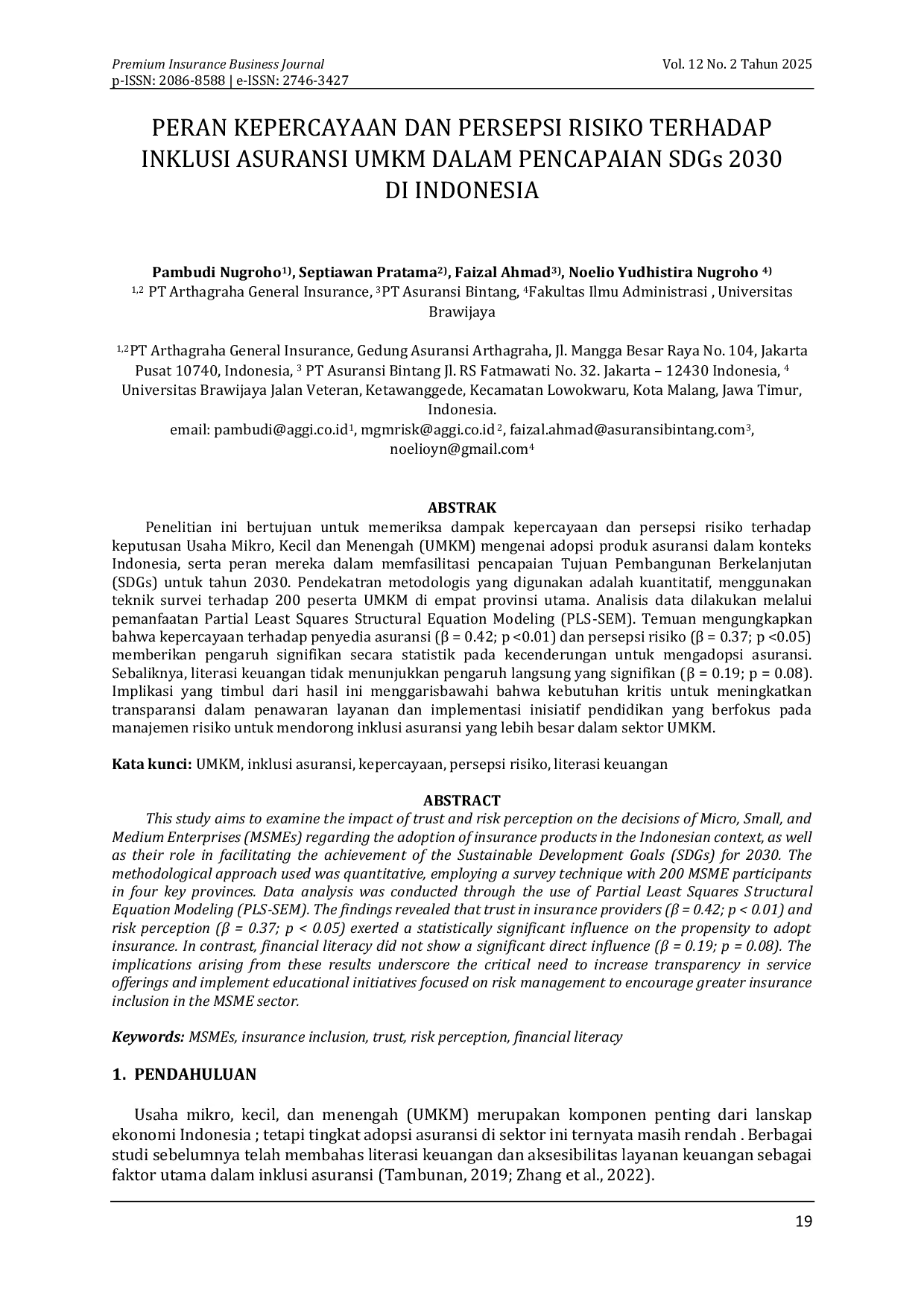 JURIS PERAN KEPERCAYAAN DAN PERSEPSI RISIKO TERHADAP INKLUSI ASURANSI UMKM DALAM PENCAPAIAN SDGs 2030 DI INDONESIA