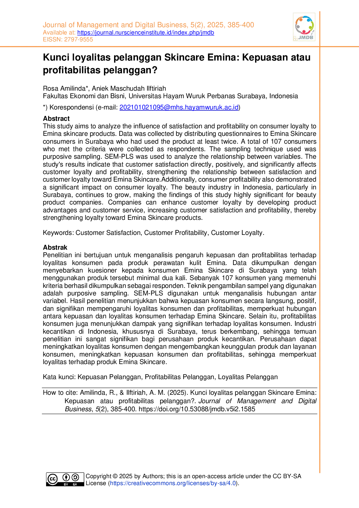 JURIS Kunci loyalitas pelanggan Skincare Emina Kepuasan atau profitabilitas pelanggan