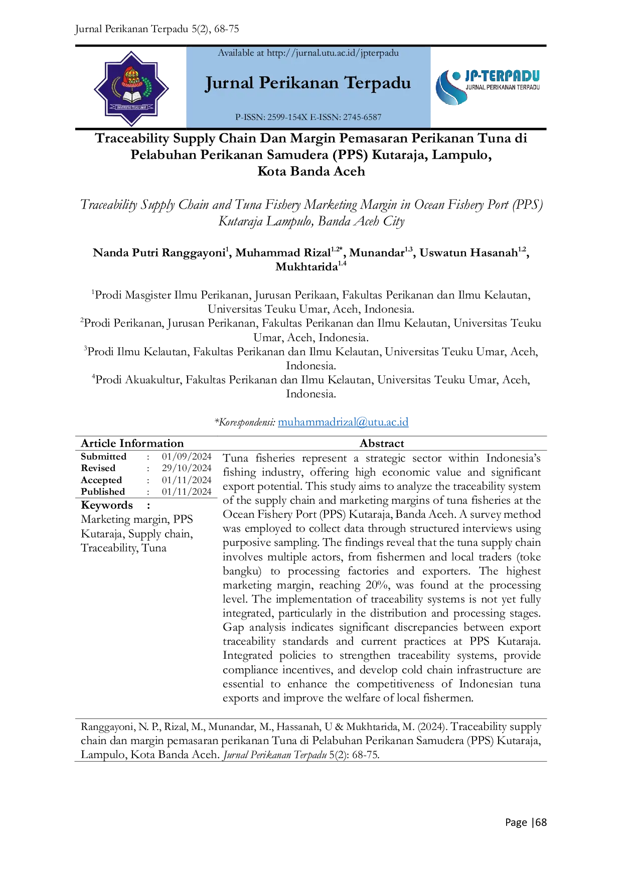 JURIS Traceability Supply Chain and Tuna Fishery Marketing Margin in Ocean Fishery Port PPS Kutaraja Lampulo Banda Aceh City