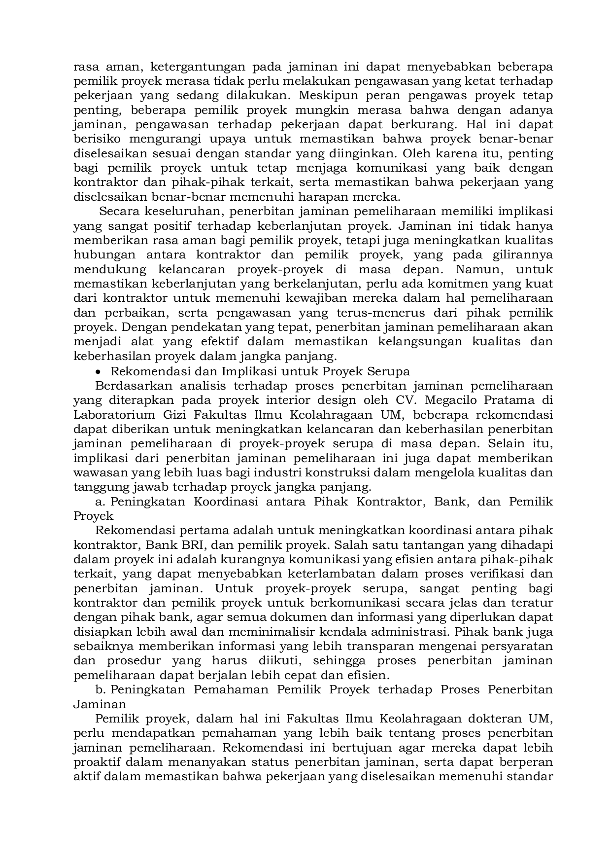 JURIS Penerbitan Jaminan Pemeliharaan Oleh Cv Sari Restu Dari Bank Bri Pada Proyek Interior Design Cv Megacilo Pratama Di Laboratorium Gizi Fakultas Ilmu Keolahragaan Universitas Negeri Malang
